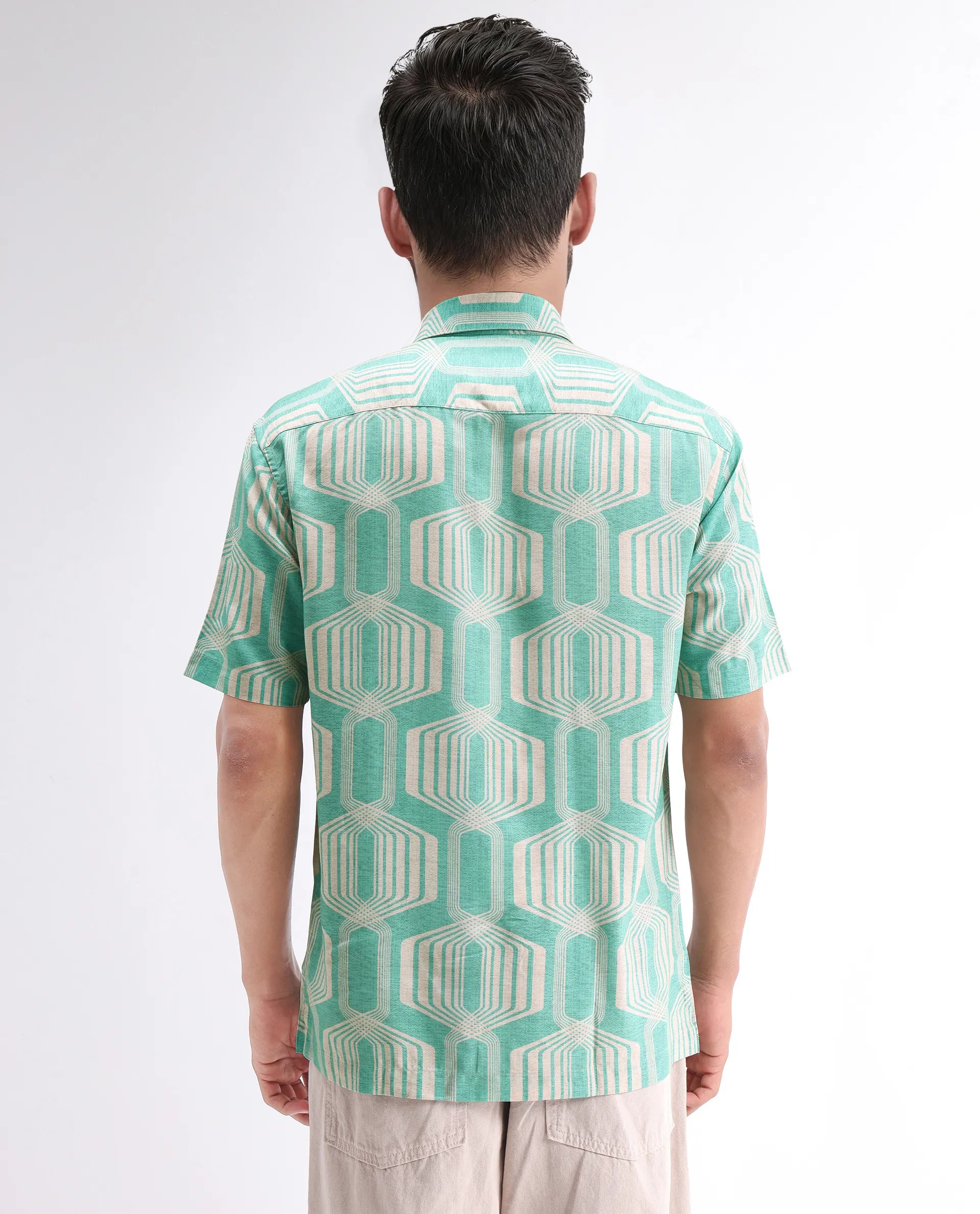 Rare Rabbit Men's Met Turq Viscose Geometric Print Regular Fit Half Sleeve Collared Shirt