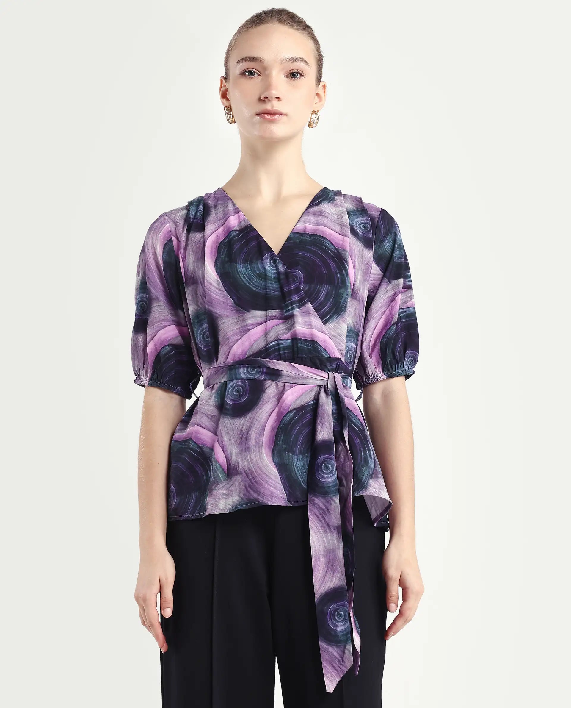 Rareism Women's Metunia Dark Multi Nylon Blend Overlap Neck Abstract Print Puff Sleeves Regular Fit Top