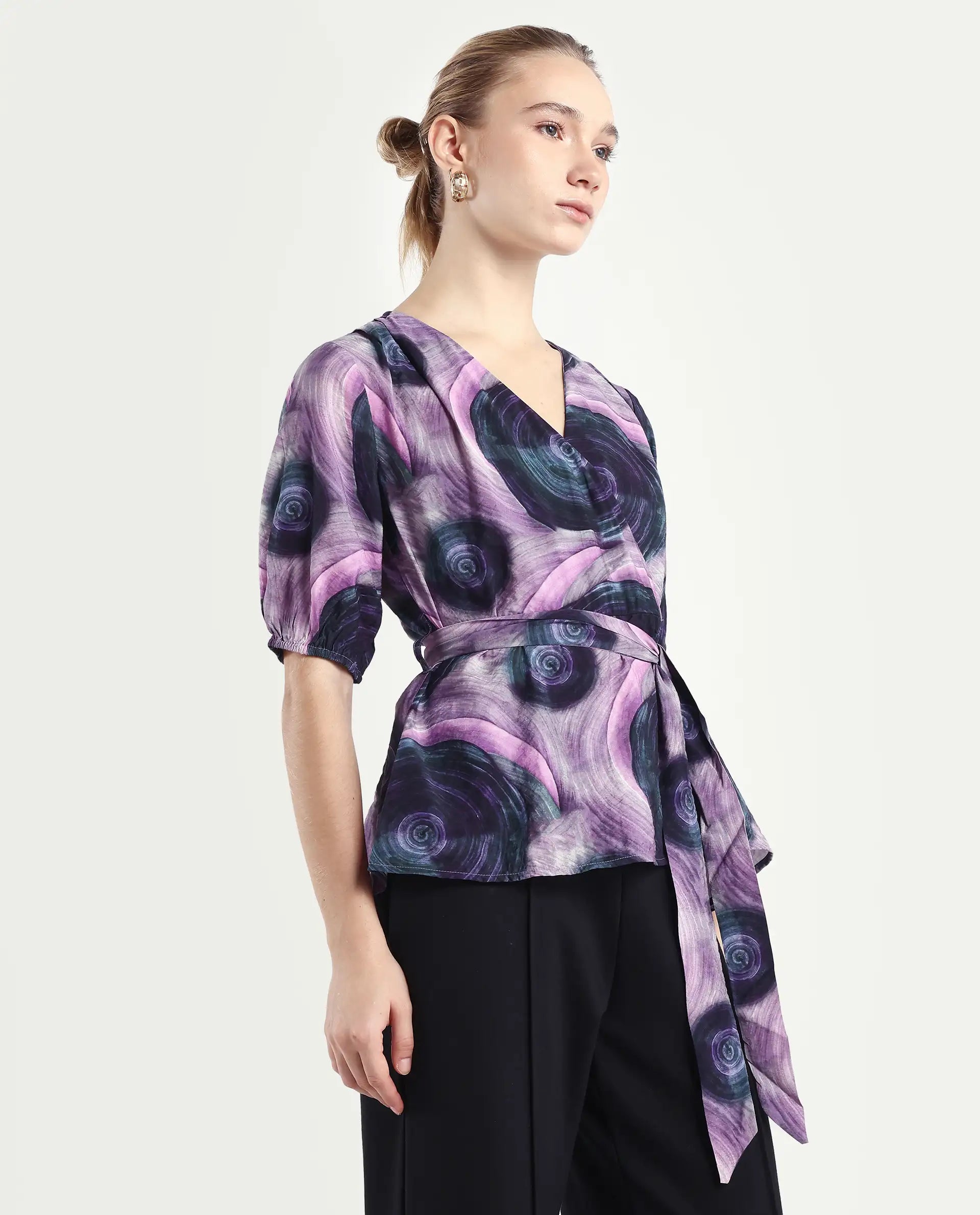 Rareism Women's Metunia Dark Multi Nylon Blend Overlap Neck Abstract Print Puff Sleeves Regular Fit Top