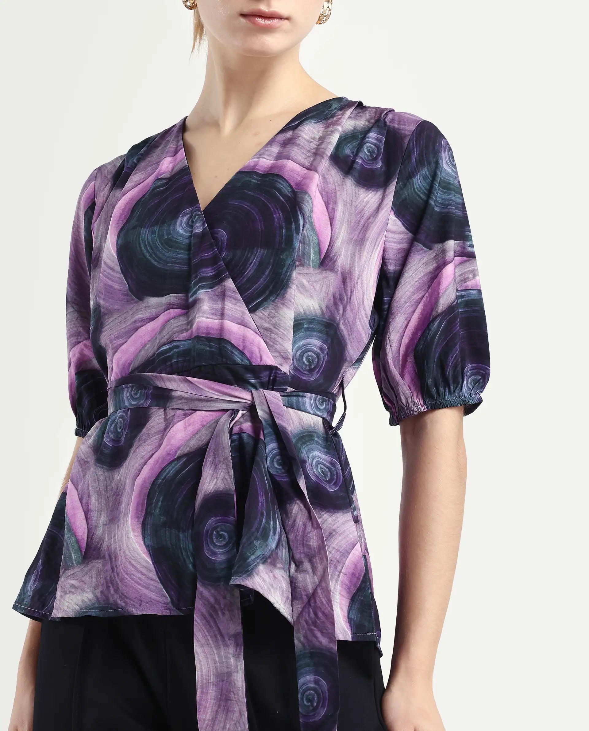 Rareism Women's Metunia Dark Multi Nylon Blend Overlap Neck Abstract Print Puff Sleeves Regular Fit Top
