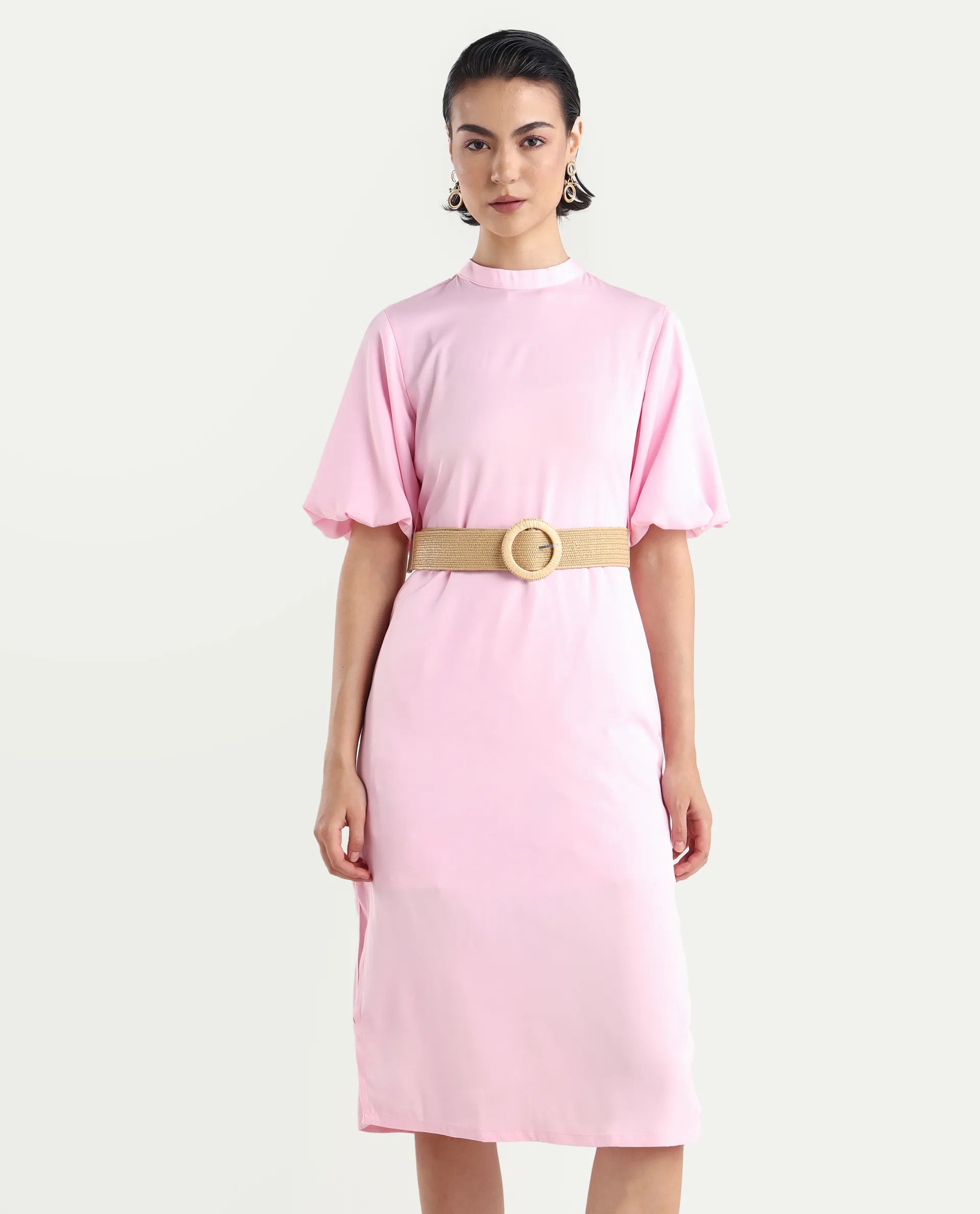 Rareism Women's Metz Light Pink Satin High Neck Dyed Balloon Sleeve Midi Bodycon Dress