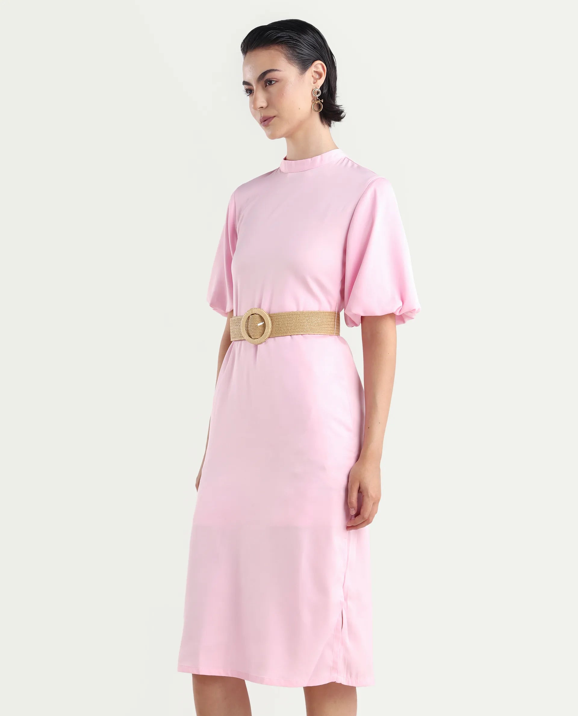 Rareism Women's Metz Light Pink Satin High Neck Dyed Balloon Sleeve Midi Bodycon Dress