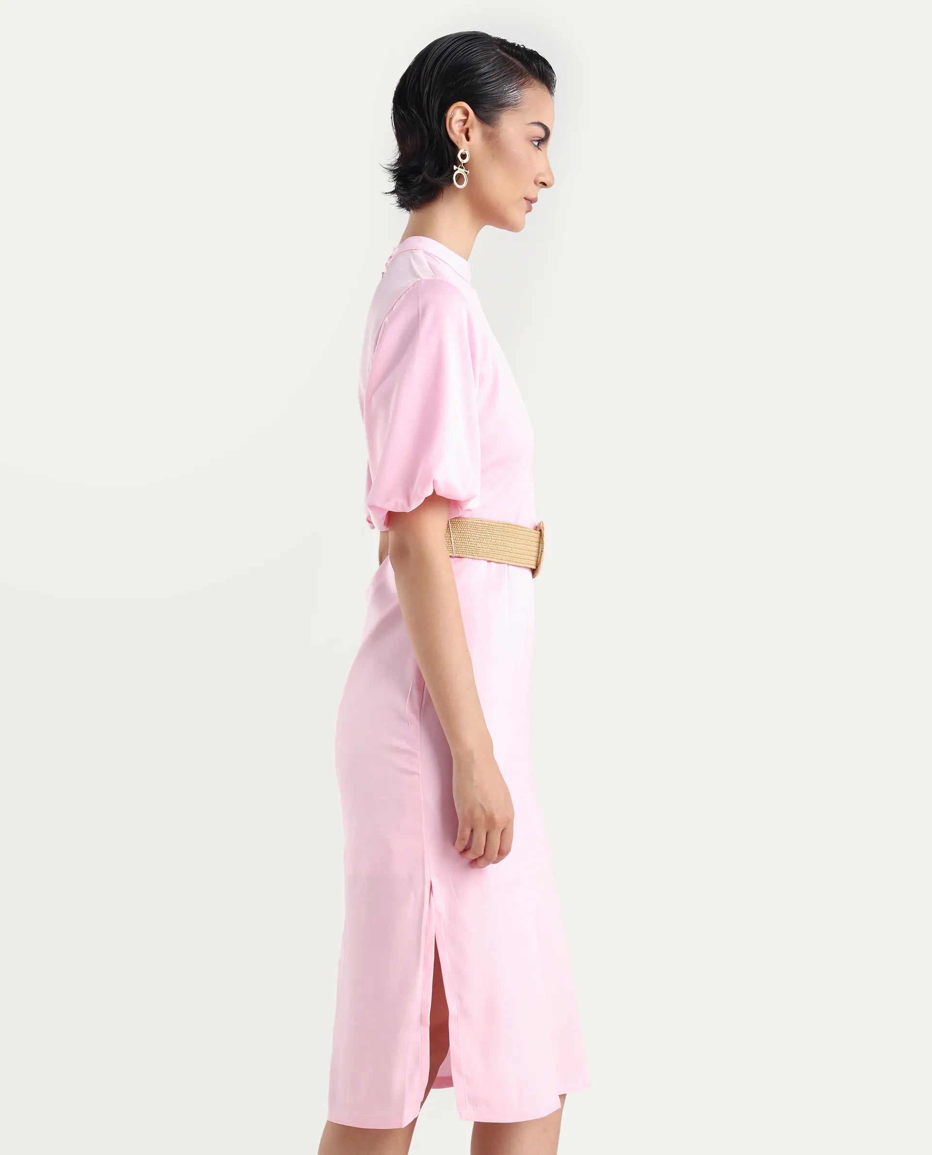 Rareism Women's Metz Light Pink Satin High Neck Dyed Balloon Sleeve Midi Bodycon Dress