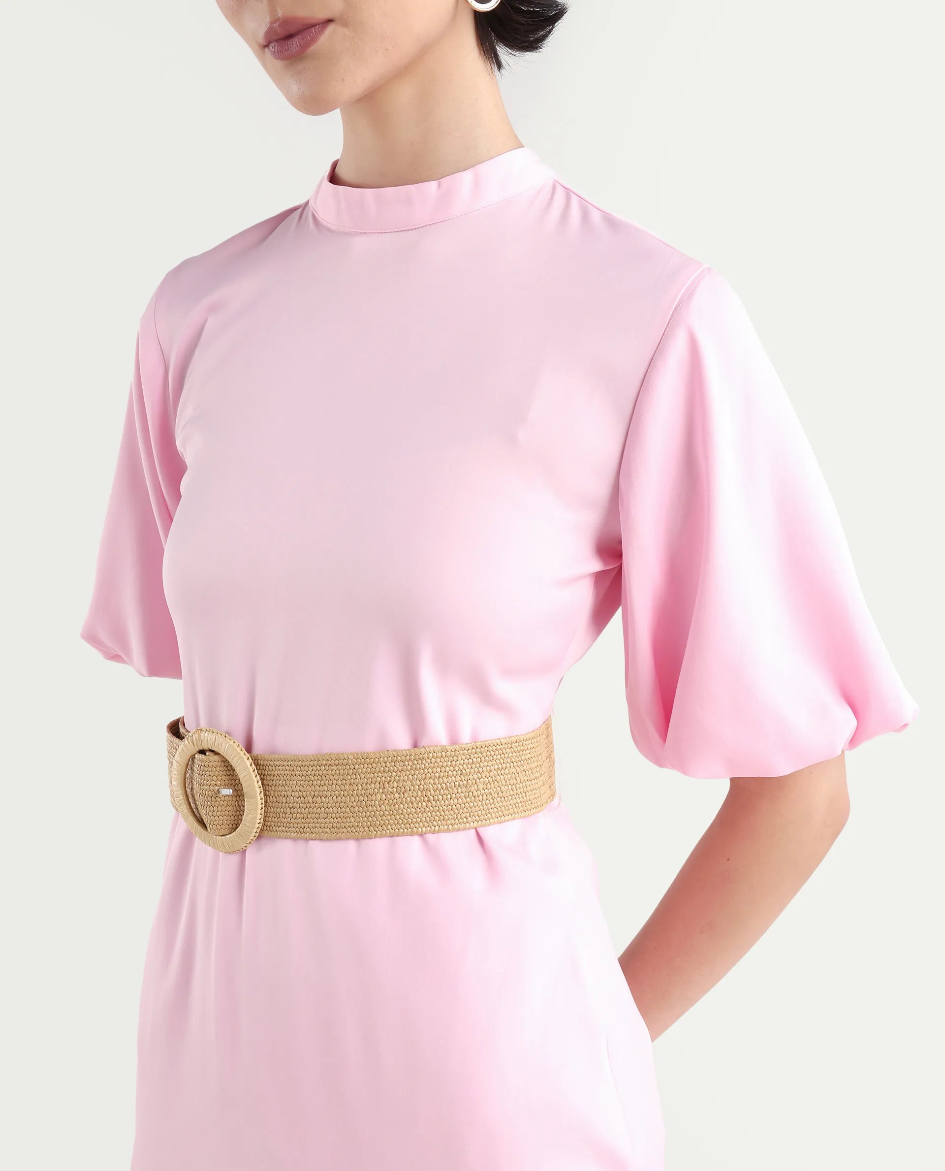 Rareism Women's Metz Light Pink Satin High Neck Dyed Balloon Sleeve Midi Bodycon Dress