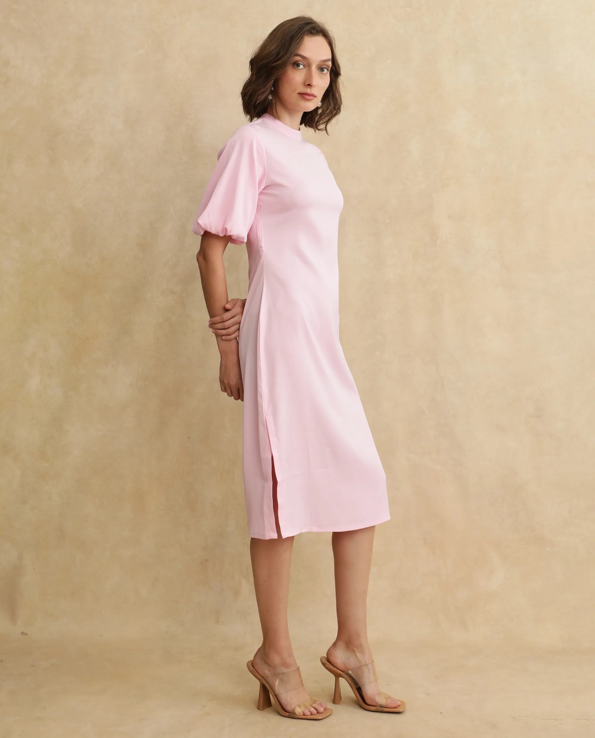 Rareism Women's Metz Light Pink Satin Fabric High Neck Zipper Closure Balloon Sleeve Dyed Bodycon Midi Dress