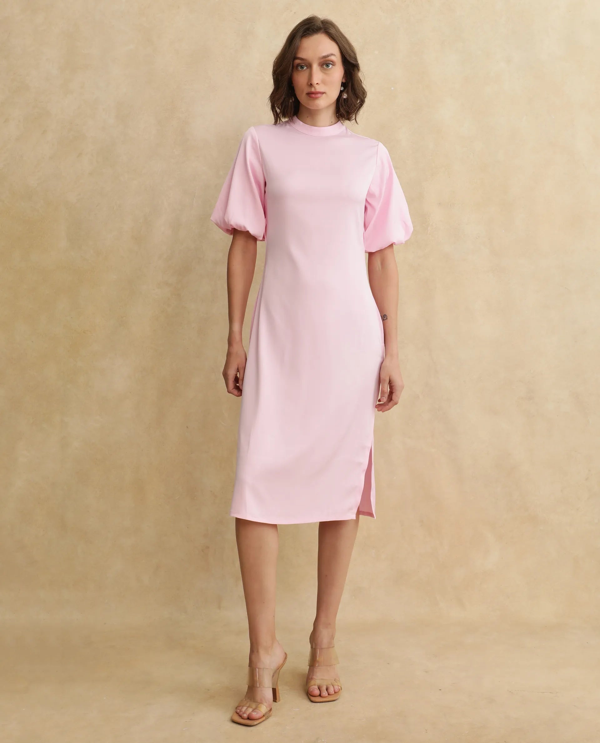 Rareism Women's Metz Light Pink Satin Fabric High Neck Zipper Closure Balloon Sleeve Dyed Bodycon Midi Dress