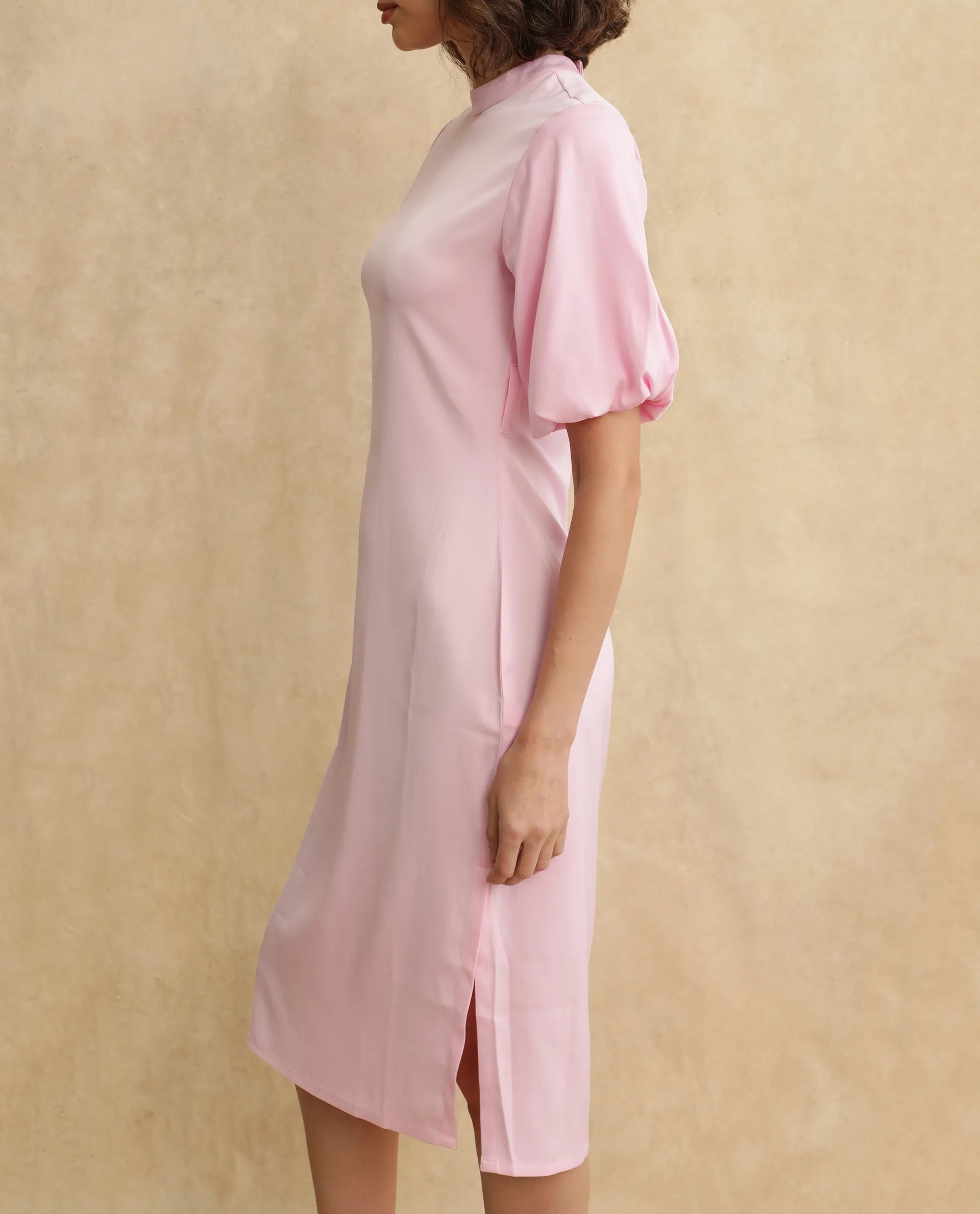 Rareism Women's Metz Light Pink Satin Fabric High Neck Zipper Closure Balloon Sleeve Dyed Bodycon Midi Dress