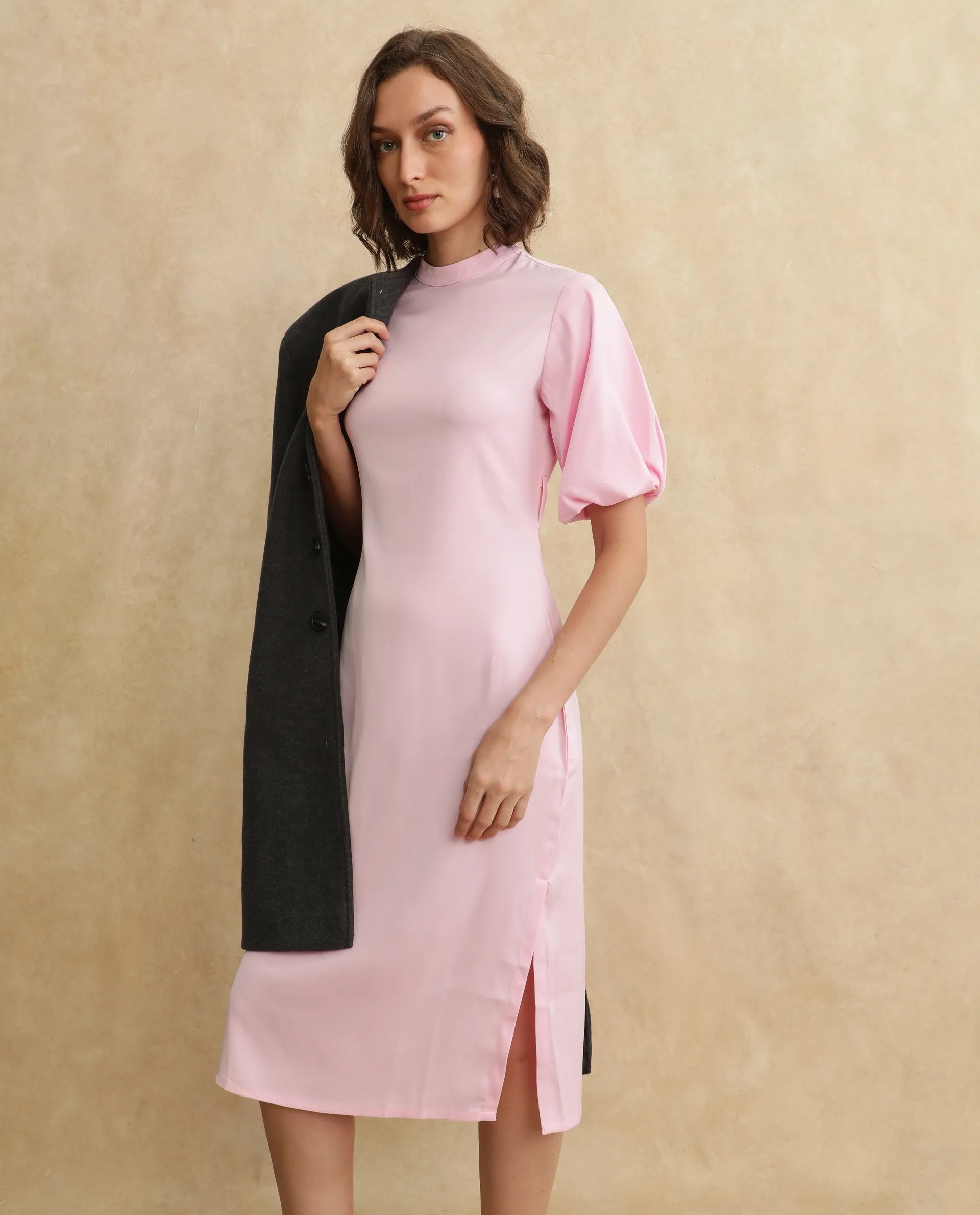 Rareism Women's Metz Light Pink Satin Fabric High Neck Zipper Closure Balloon Sleeve Dyed Bodycon Midi Dress