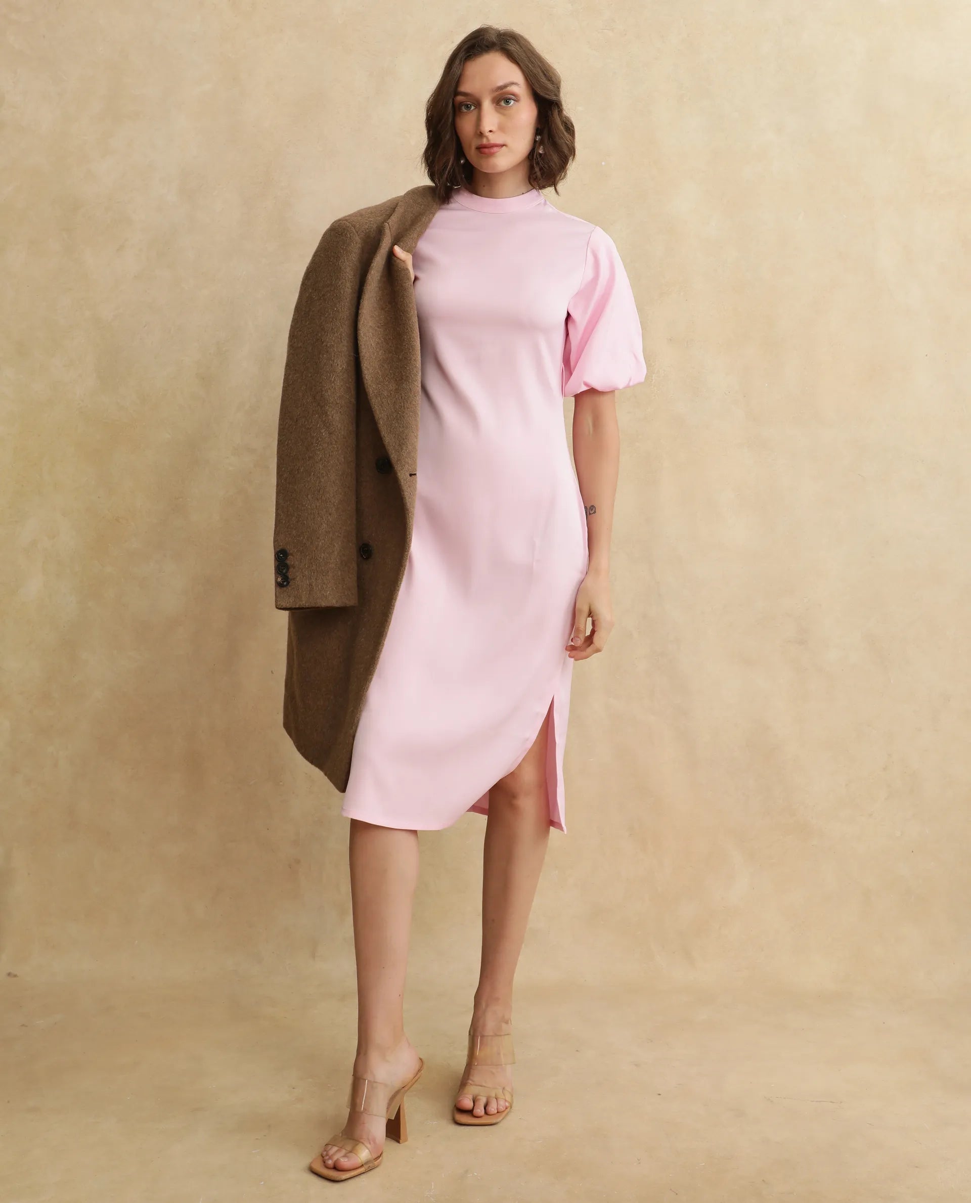 Rareism Women's Metz Light Pink Satin Fabric High Neck Zipper Closure Balloon Sleeve Dyed Bodycon Midi Dress