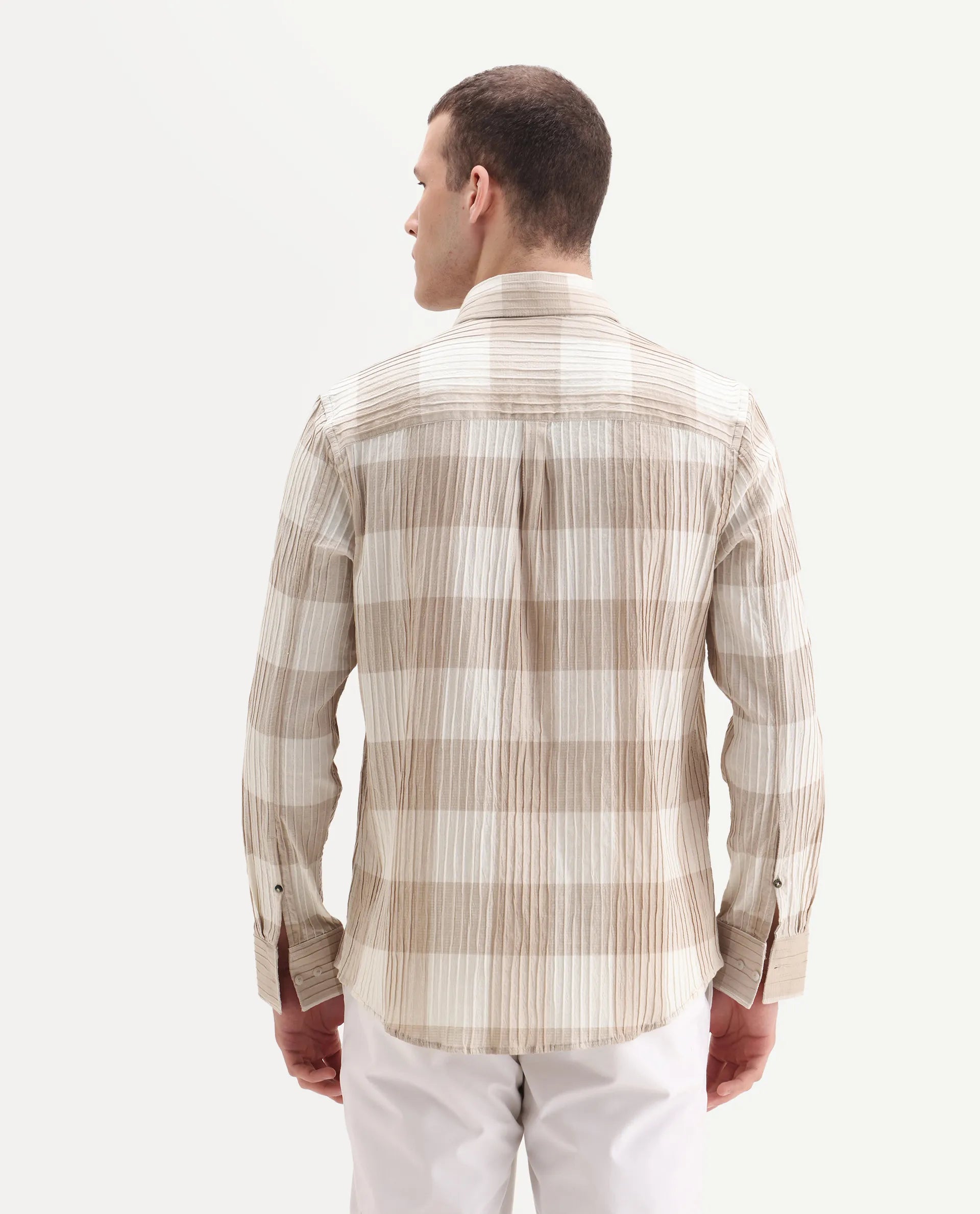 Rare Rabbit Men's Mew Brown Cotton Checked Print Regular Fit Full Sleeve Button-Down Collar Shirt