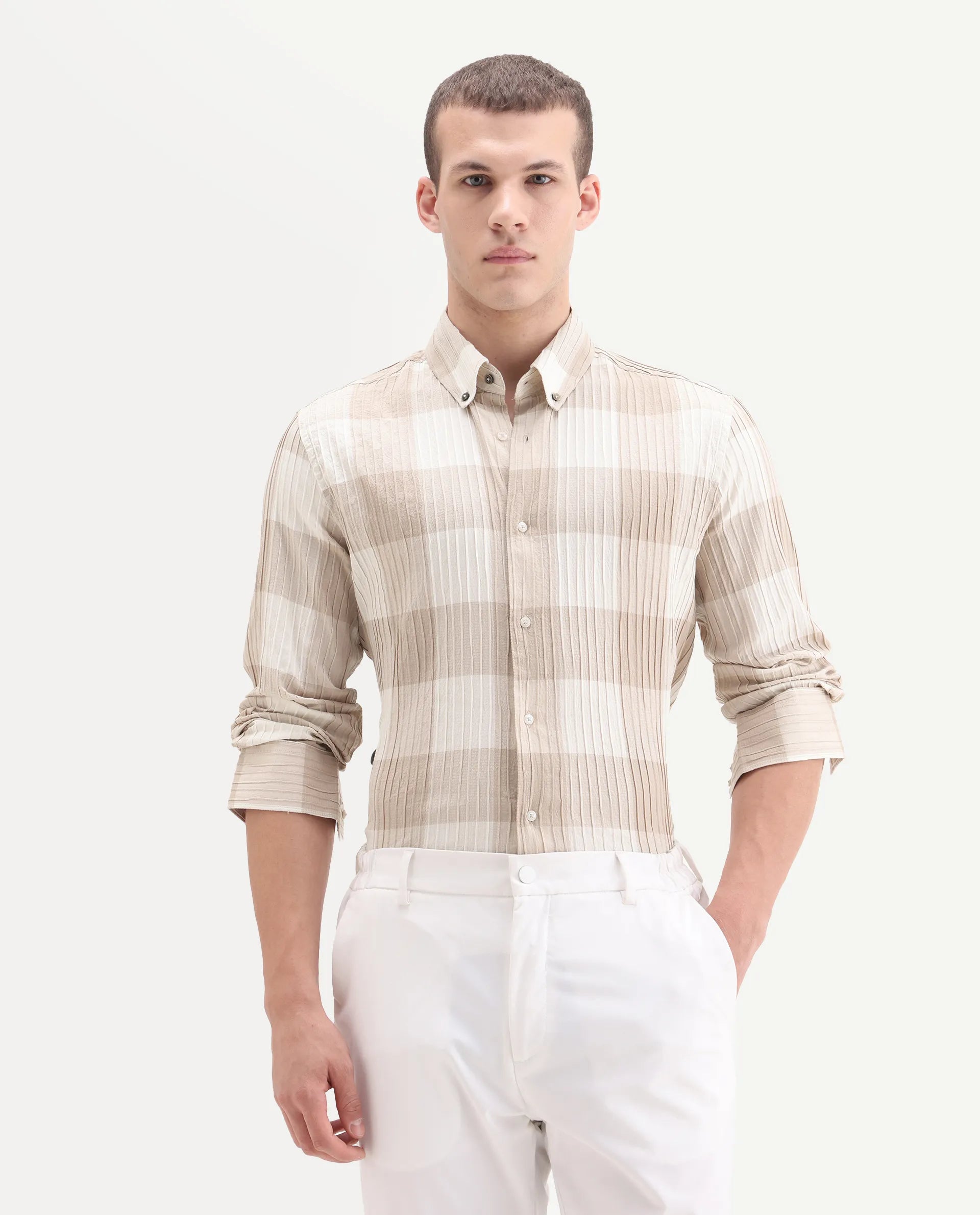 Rare Rabbit Men's Mew Brown Cotton Checked Print Regular Fit Full Sleeve Button-Down Collar Shirt