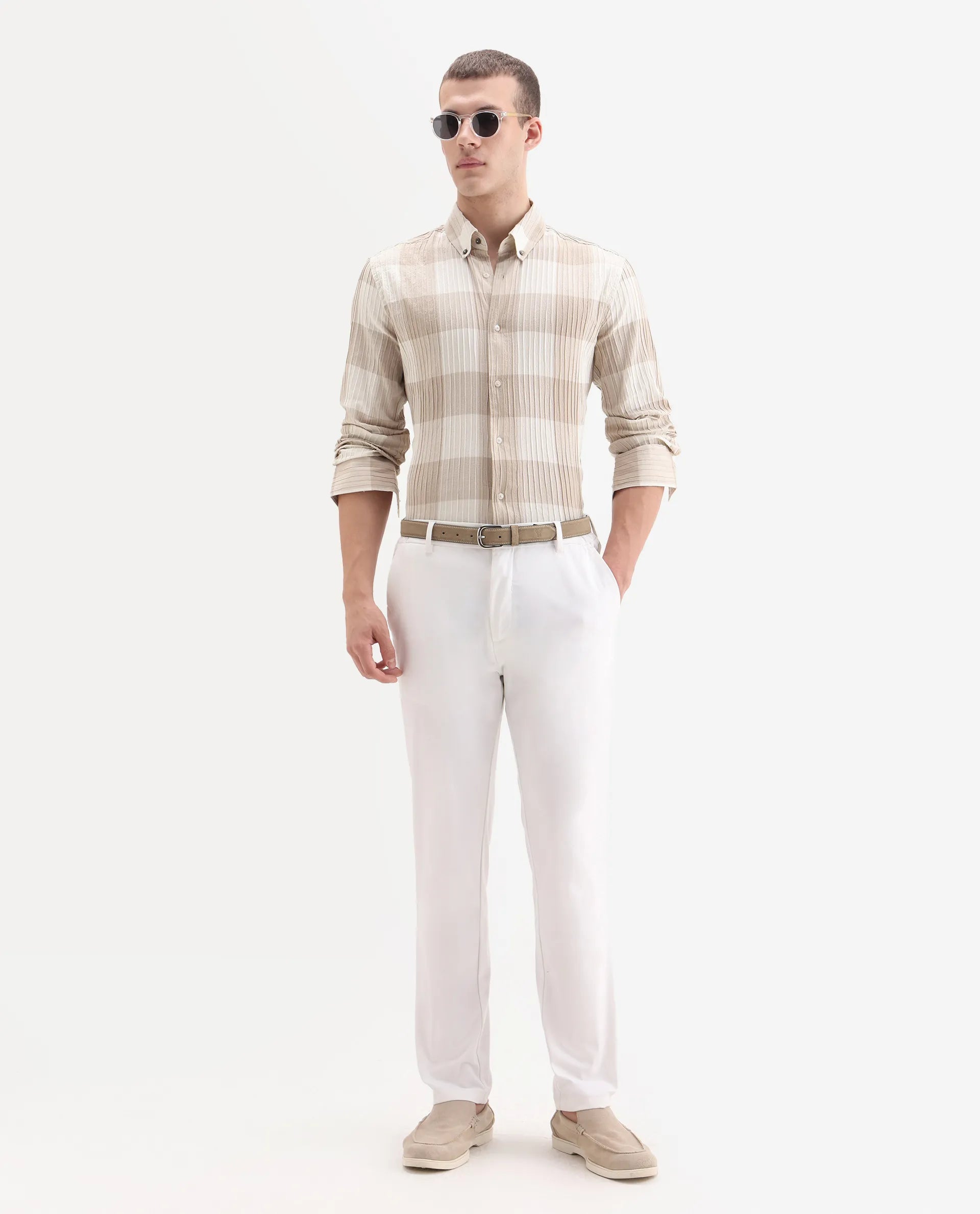 Rare Rabbit Men's Mew Brown Cotton Checked Print Regular Fit Full Sleeve Button-Down Collar Shirt