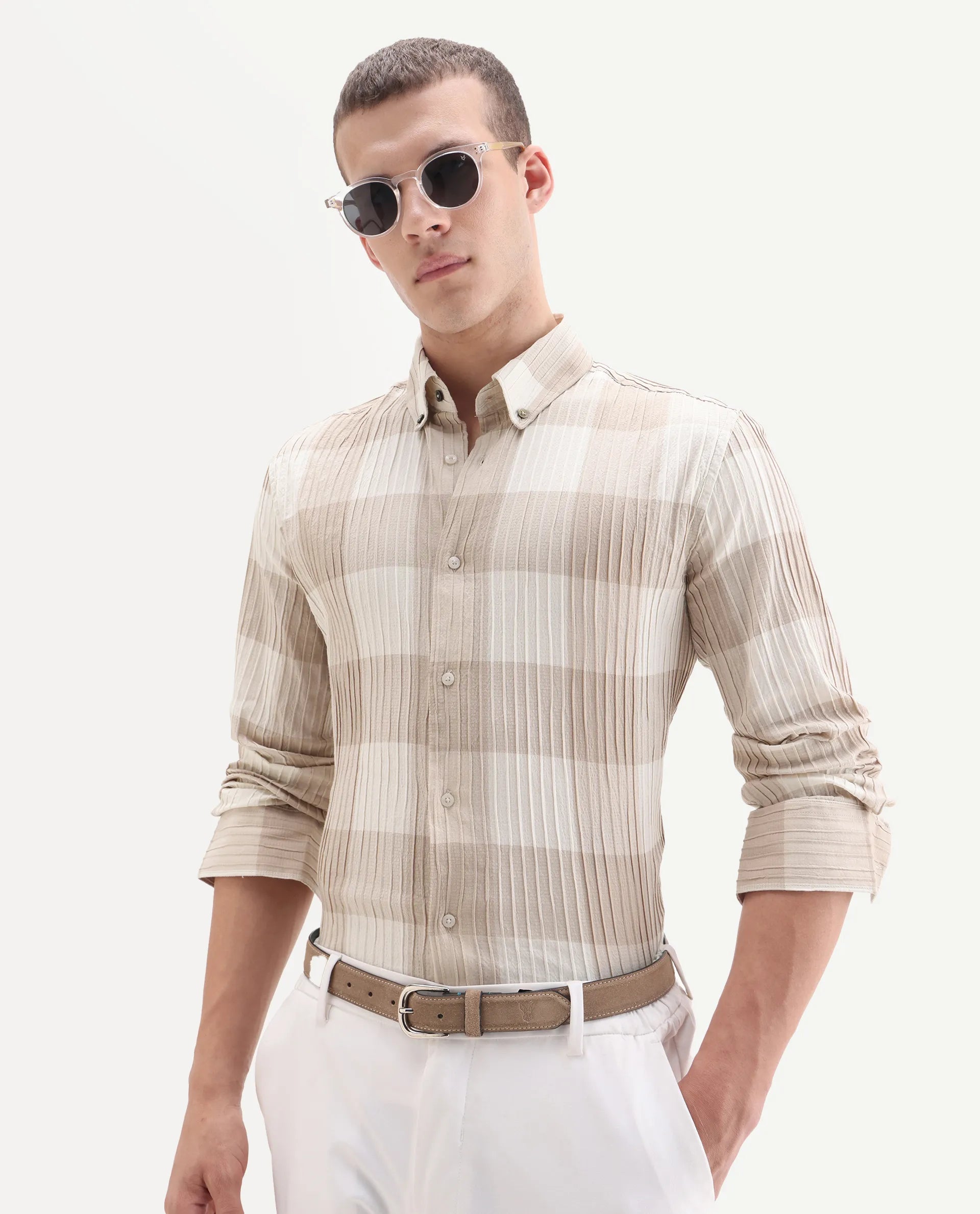 Rare Rabbit Men's Mew Brown Cotton Checked Print Regular Fit Full Sleeve Button-Down Collar Shirt