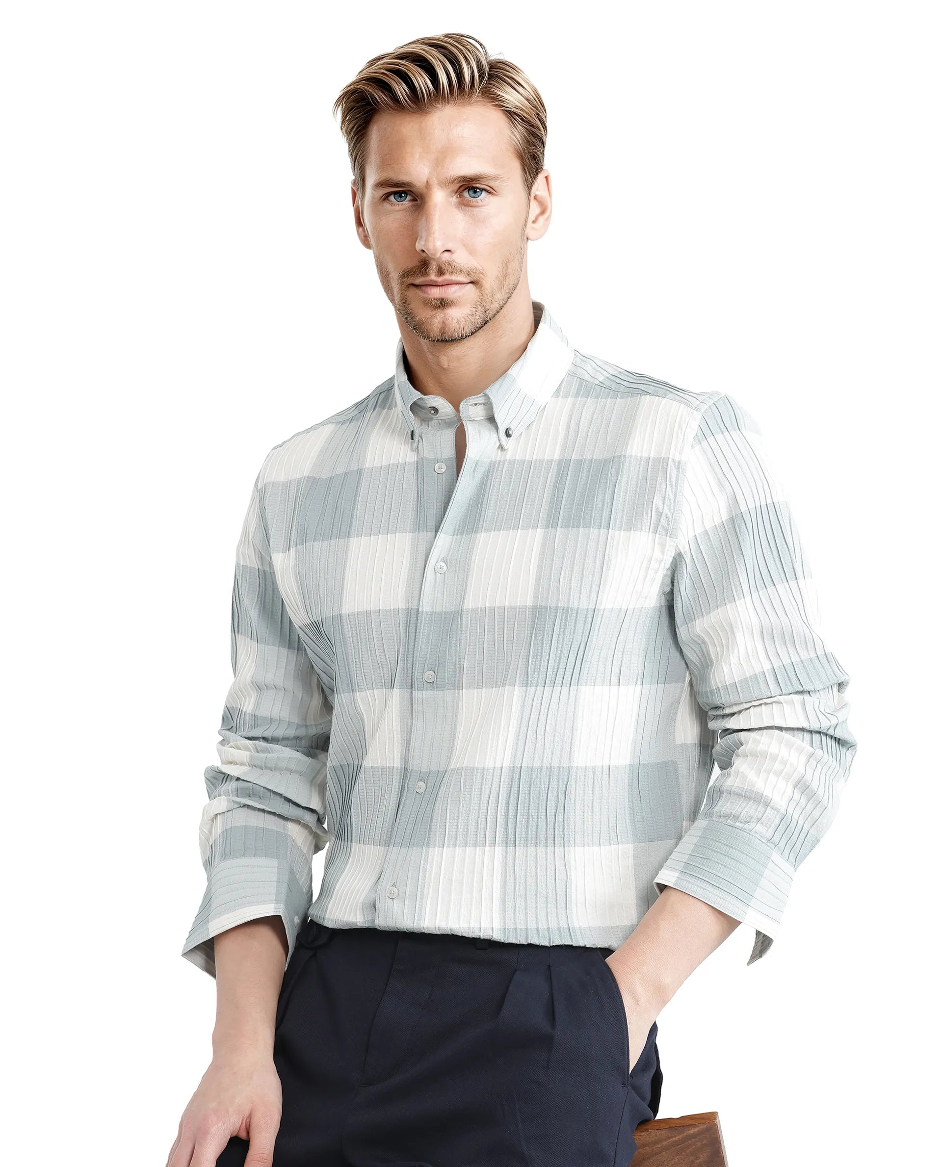 Rare Rabbit Men's Mew Turq Cotton Fabric Full Sleeve Regular Collared Button Closure Ribbed Check Printed Shirt