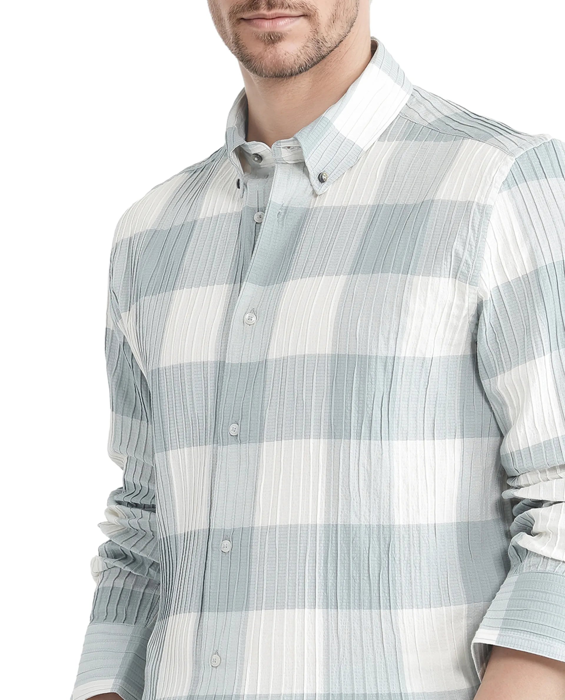 Rare Rabbit Men's Mew Turq Cotton Fabric Full Sleeve Regular Collared Button Closure Ribbed Check Printed Shirt