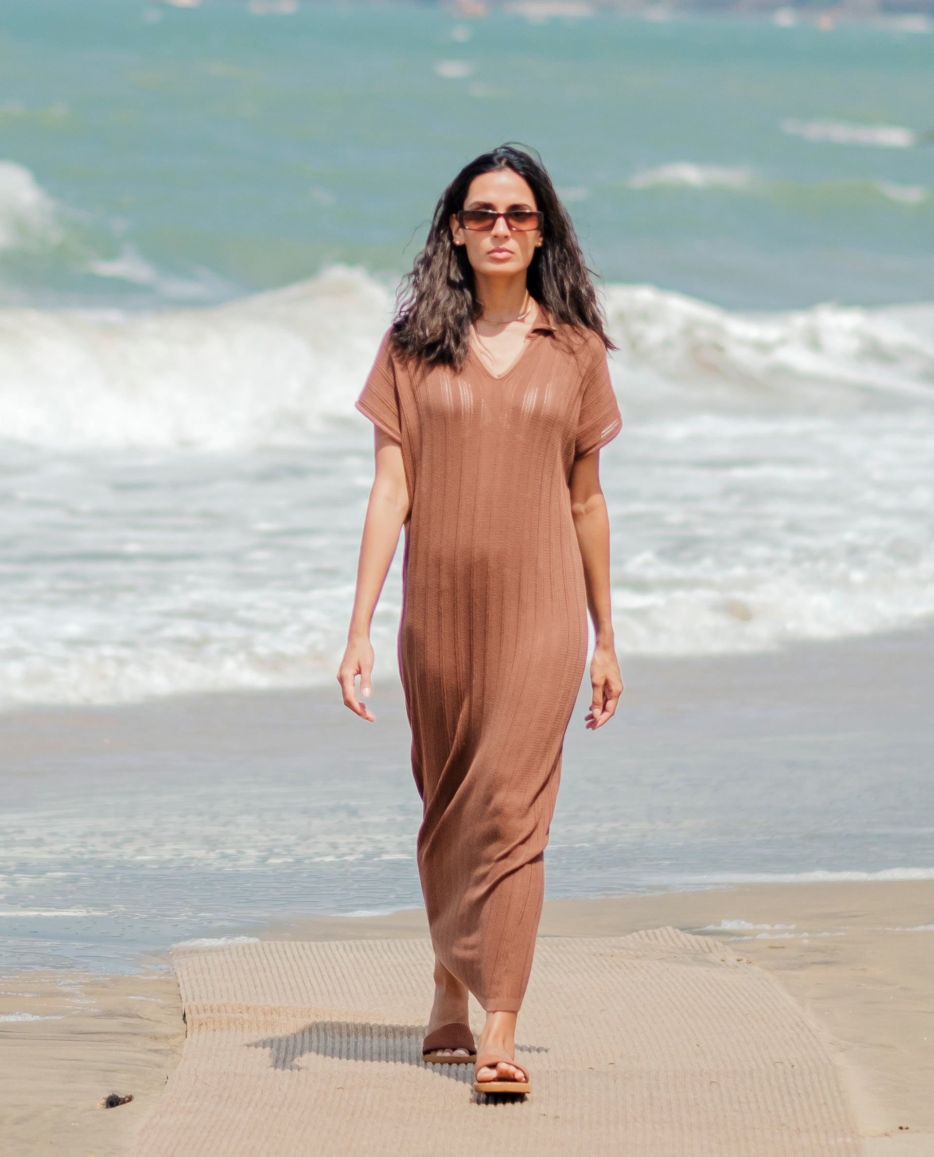 Rareism Women's Meyora Brown Cotton Fabric V-Neck Slip-On Closure Half Sleeve Striped Relaxed Fit Maxi Dress