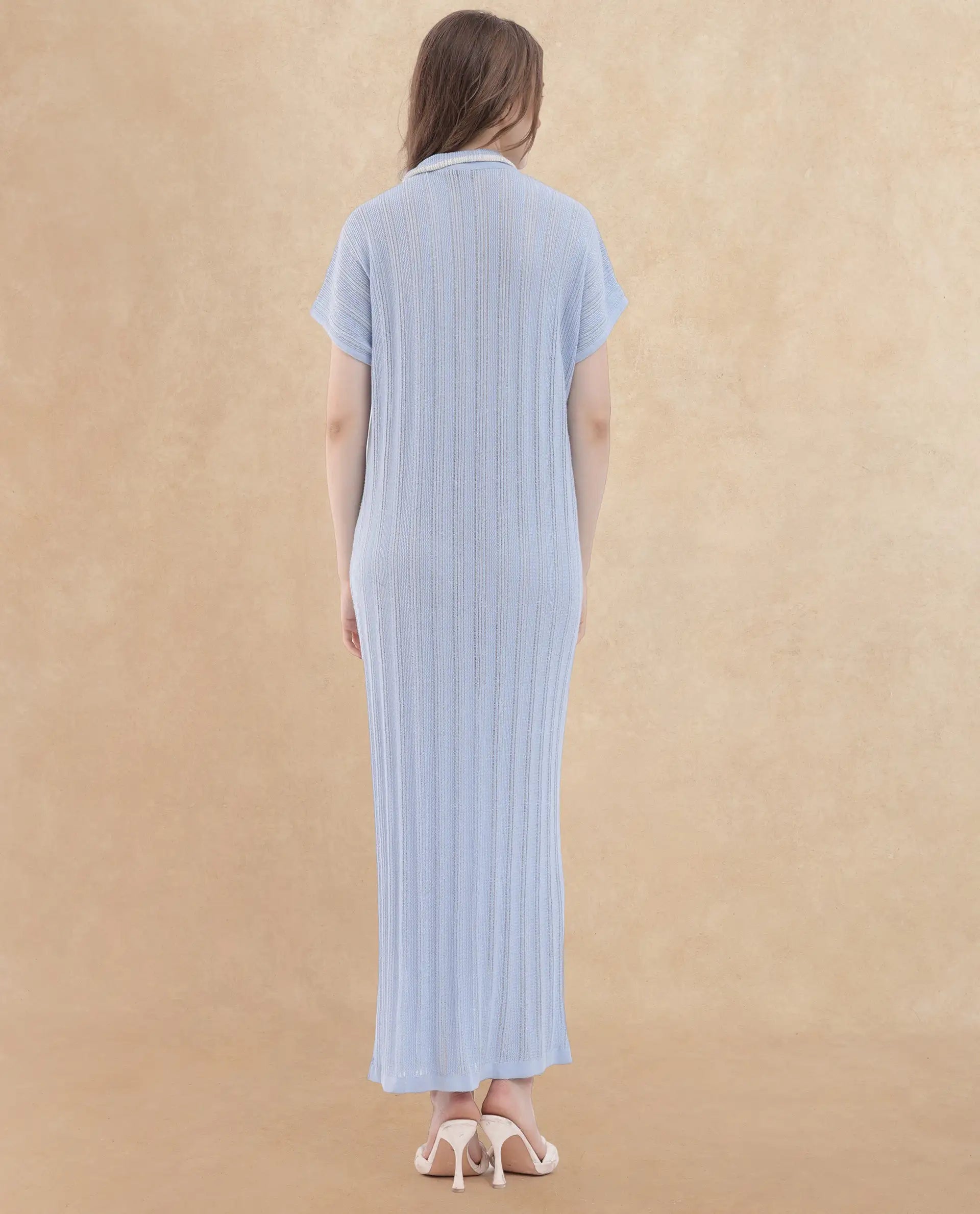 Rareism Women Meyora Light Blue Cotton Fabric Short Sleeves Johnny Collar Extended Sleeve Regular Fit Plain Maxi Dress