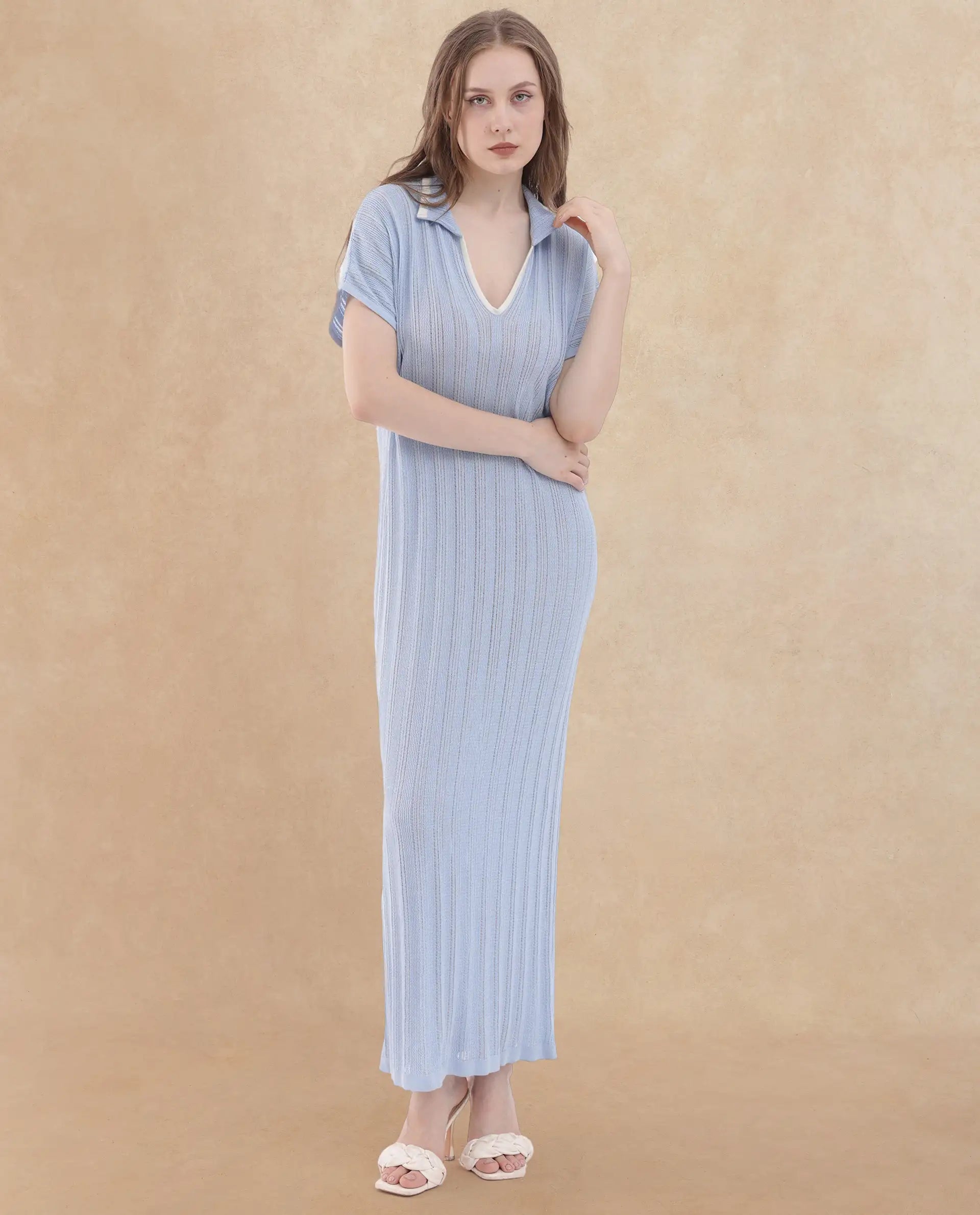 Rareism Women Meyora Light Blue Cotton Fabric Short Sleeves Johnny Collar Extended Sleeve Regular Fit Plain Maxi Dress