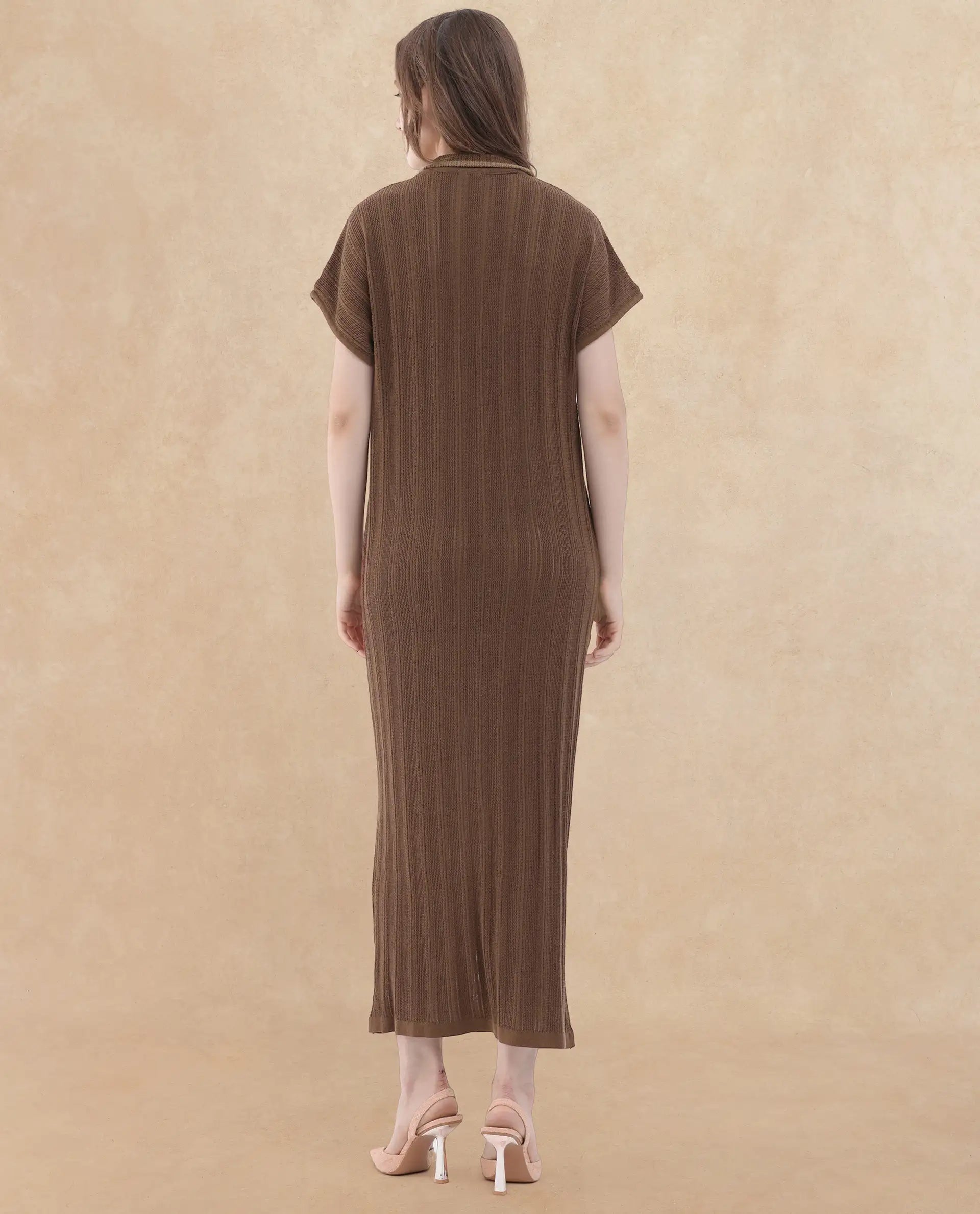 Rareism Women's Meyora Brown Cotton Fabric V-Neck Slip-On Closure Half Sleeve Striped Relaxed Fit Maxi Dress