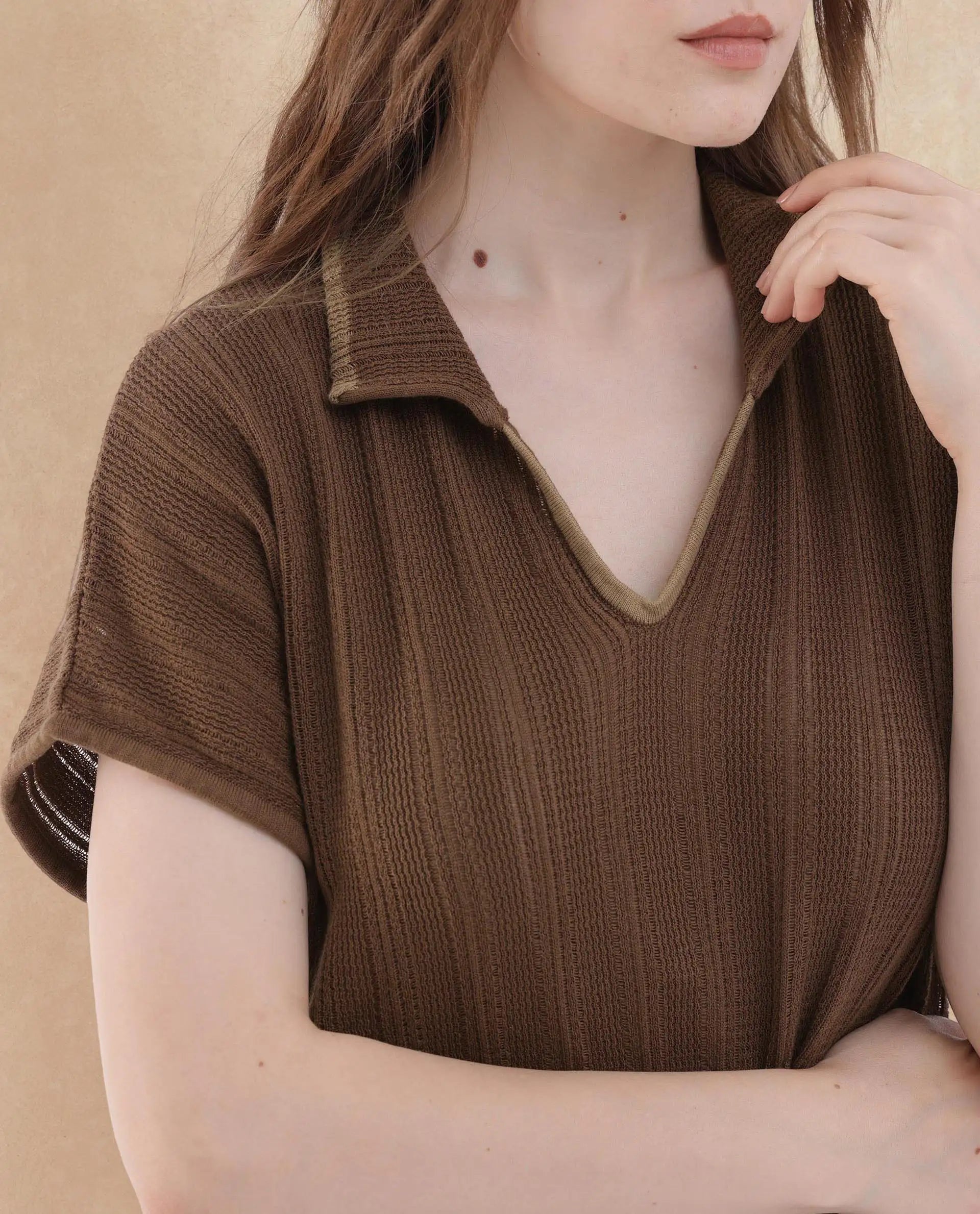 Rareism Women's Meyora Brown Cotton Fabric V-Neck Slip-On Closure Half Sleeve Striped Relaxed Fit Maxi Dress