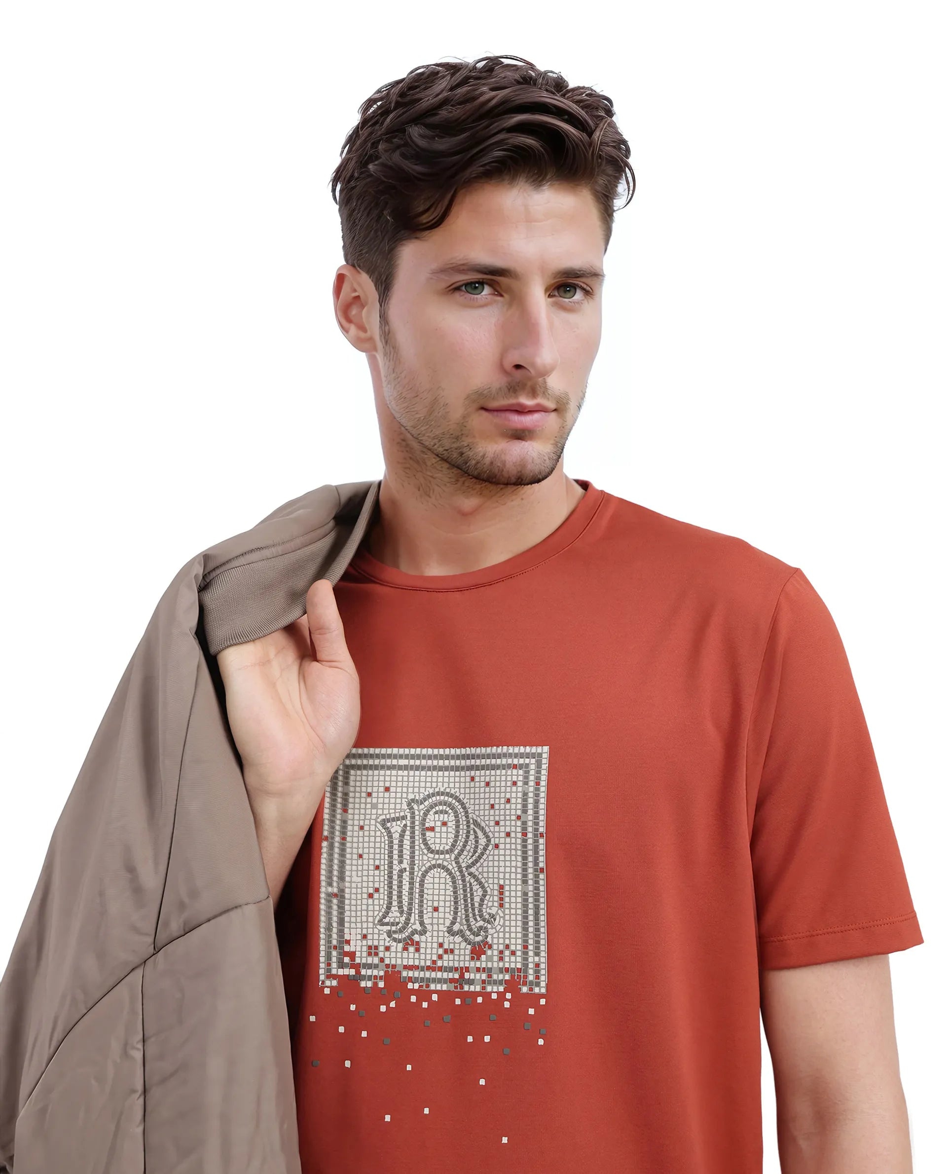 Rare Rabbit Men Mezoc Dark Rust Cotton Poly Fabric Short Sleeve Crew Neck Relaxed Fit HD Print T-Shirt