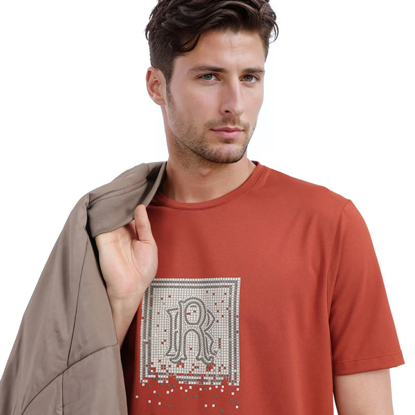 Rare Rabbit Men's Mezoc Dark Rust Cotton Blend Graphic Print Relaxed F