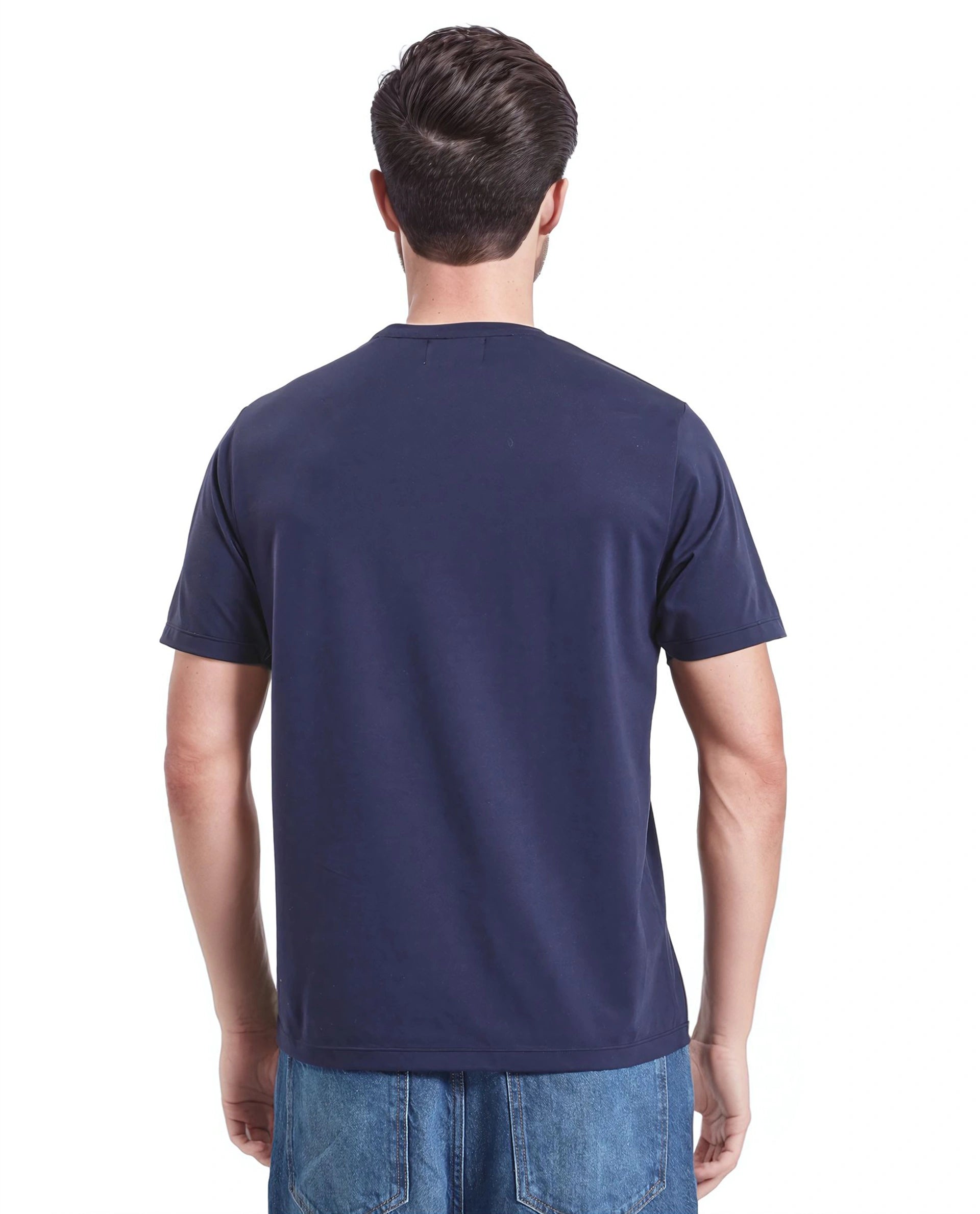 Rare Rabbit Men Mezoc Navy Cotton Poly Fabric Short Sleeve Crew Neck Relaxed Fit HD Print T-Shirt