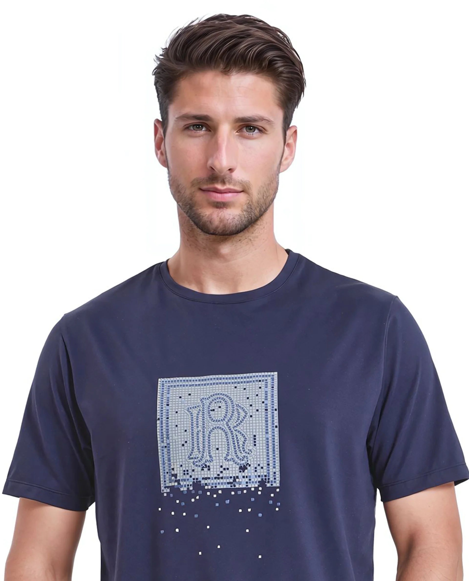 Rare Rabbit Men Mezoc Navy Cotton Poly Fabric Short Sleeve Crew Neck Relaxed Fit HD Print T-Shirt