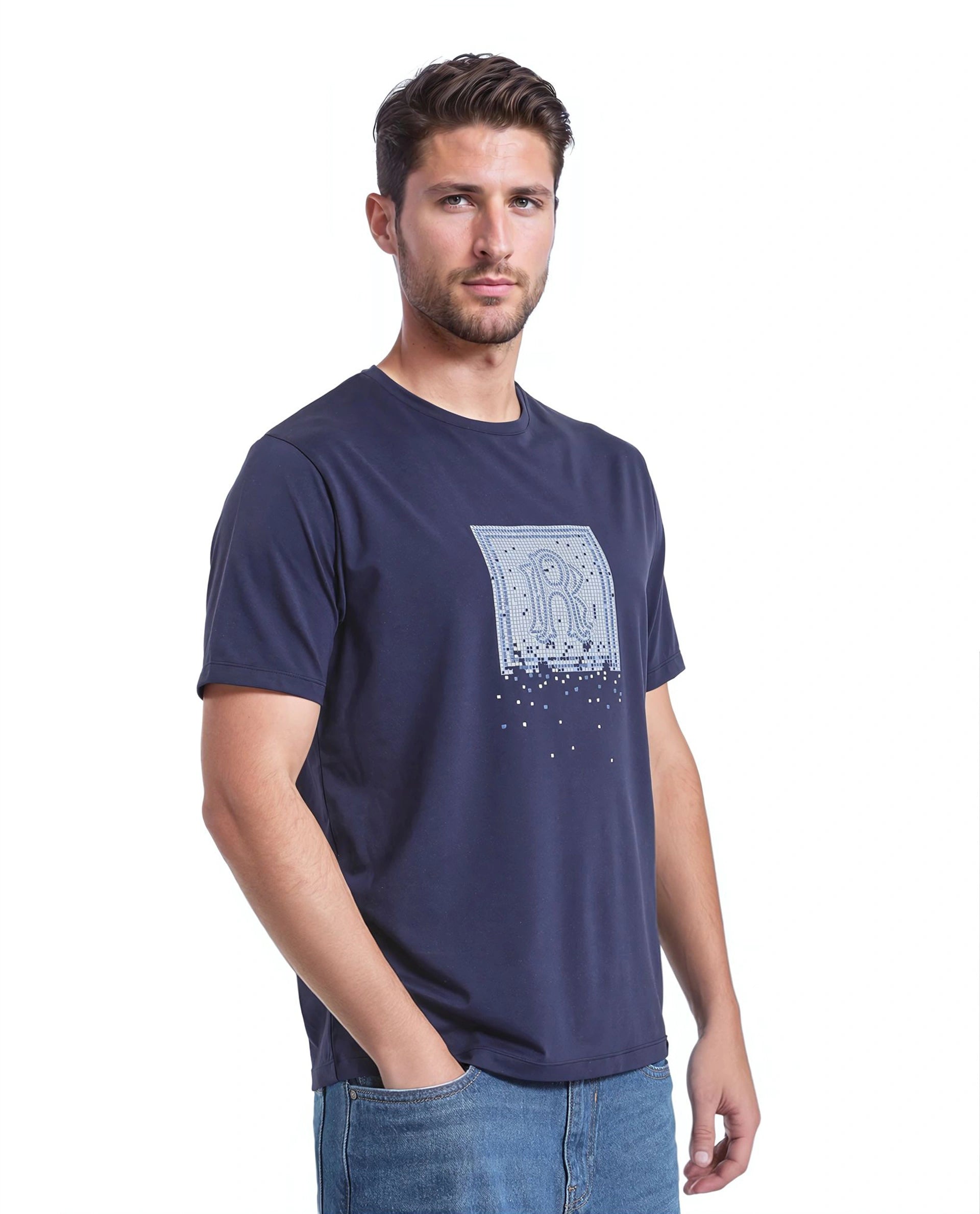 Rare Rabbit Men Mezoc Navy Cotton Poly Fabric Short Sleeve Crew Neck Relaxed Fit HD Print T-Shirt