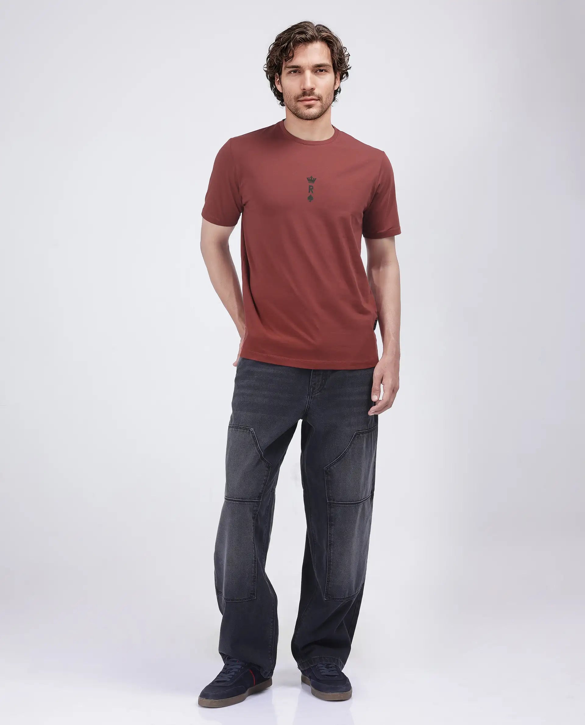 Rare Rabbit Men Miam Red Cotton Lycra Fabric Short Sleeve Crew Neck Regular Fit Flock Printed Crown T-Shirt