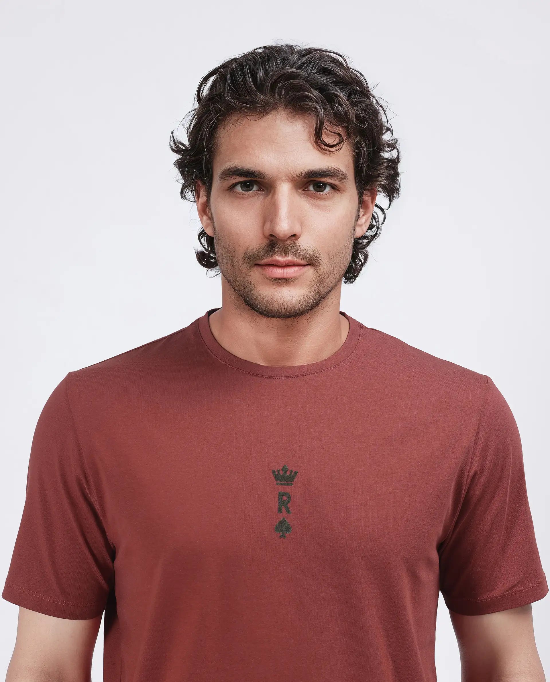 Rare Rabbit Men Miam Red Cotton Lycra Fabric Short Sleeve Crew Neck Regular Fit Flock Printed Crown T-Shirt