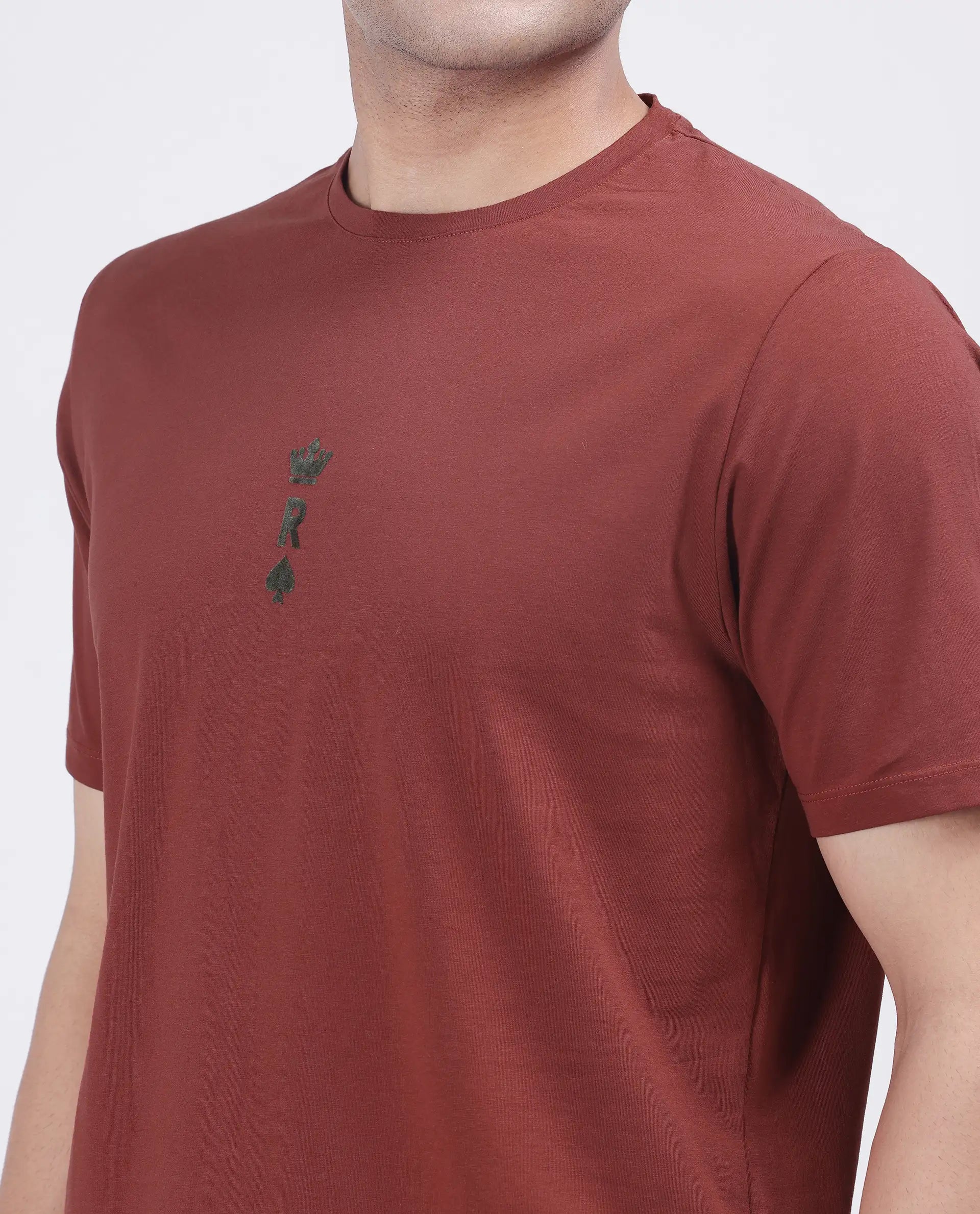 Rare Rabbit Men Miam Red Cotton Lycra Fabric Short Sleeve Crew Neck Regular Fit Flock Printed Crown T-Shirt