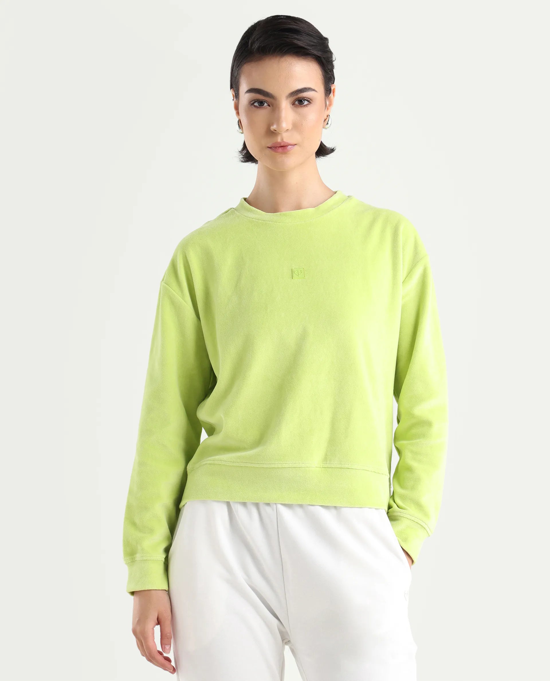 Rareism Women's Miccoli Light Green Cotton Blend Crew Neck Graphic Print Cuffed Sleeve Regular Fit Sweatshirt