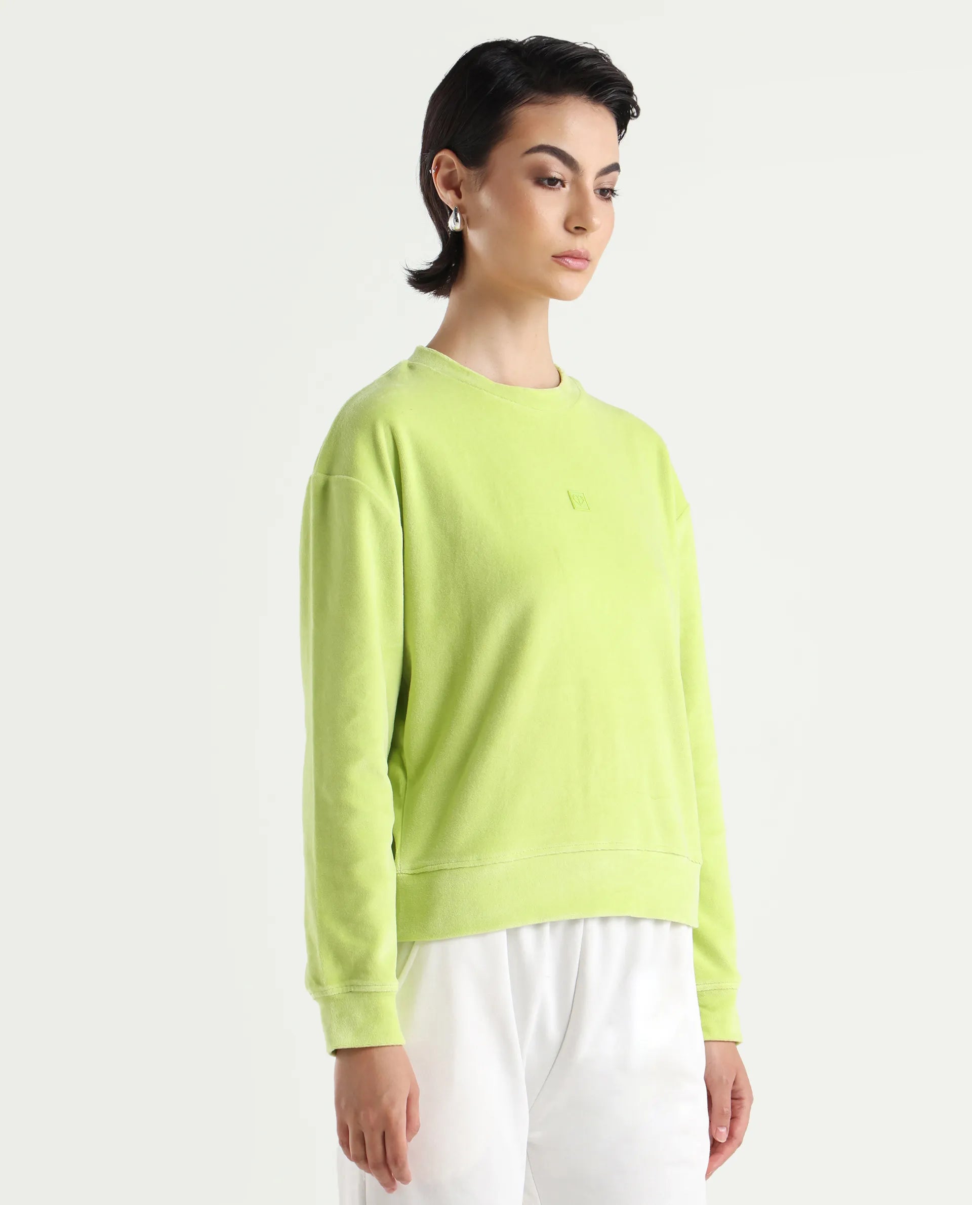 Rareism Women's Miccoli Light Green Cotton Blend Crew Neck Graphic Print Cuffed Sleeve Regular Fit Sweatshirt