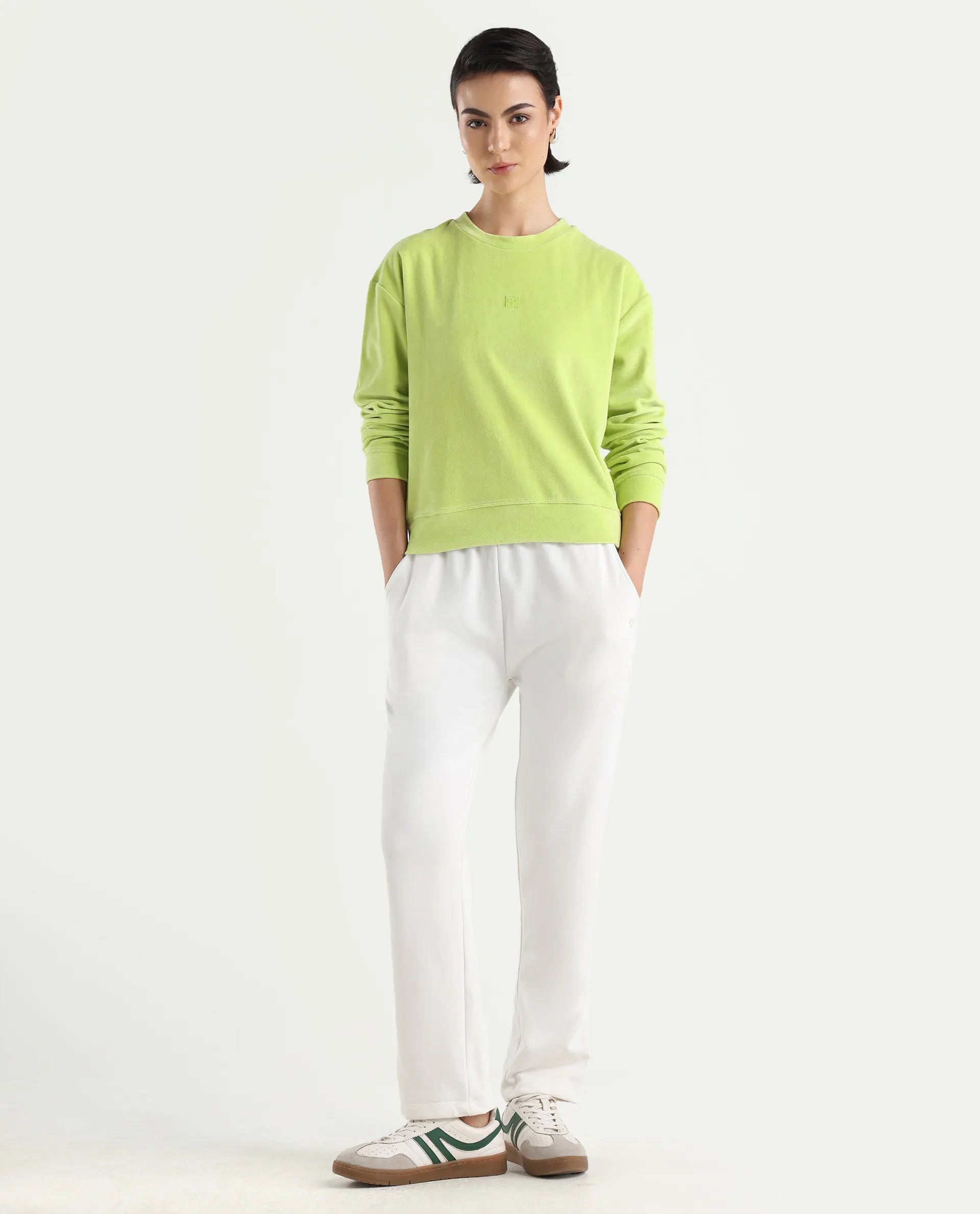 Rareism Women's Miccoli Light Green Cotton Blend Crew Neck Graphic Print Cuffed Sleeve Regular Fit Sweatshirt