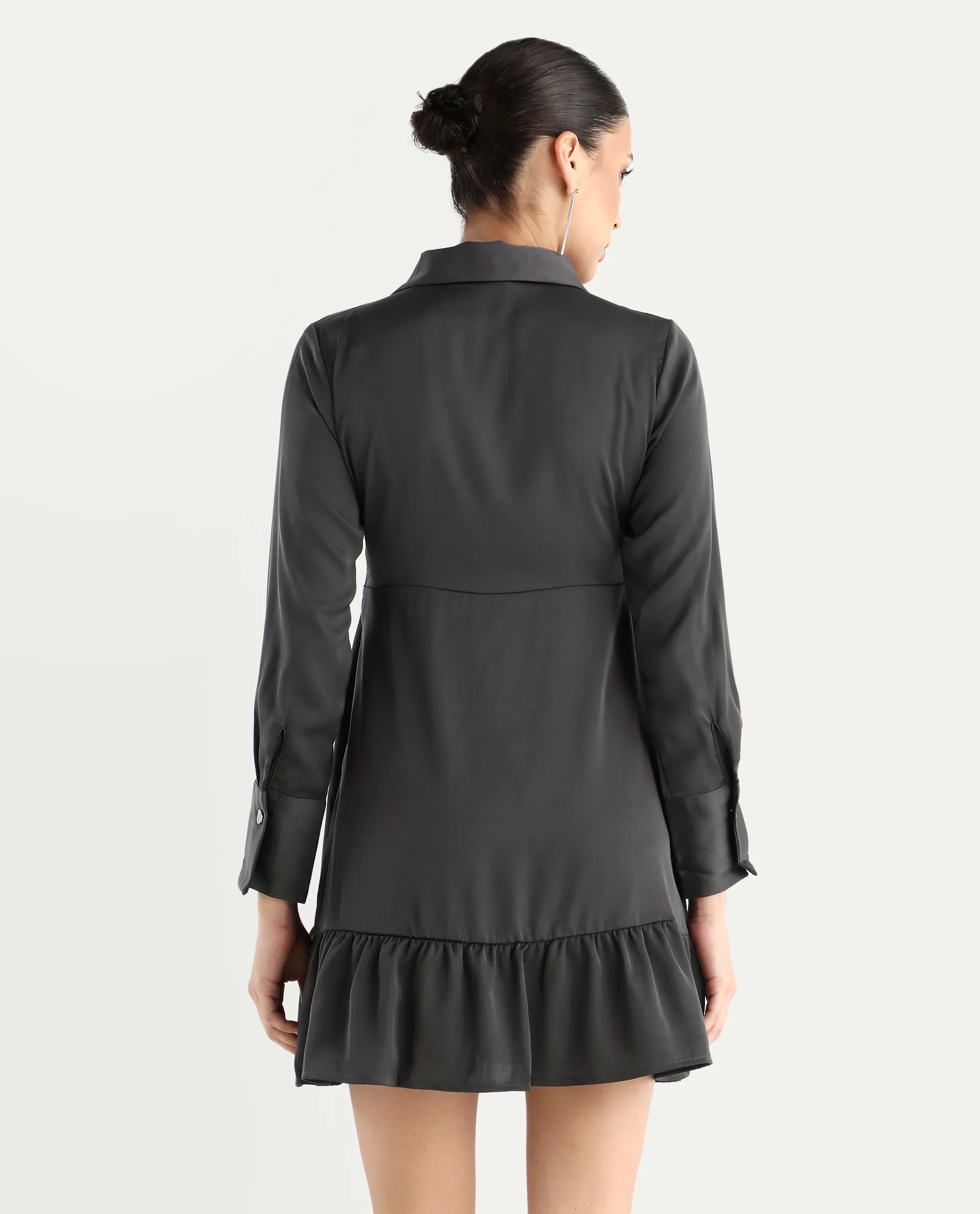 Rareism Women's Michiko Grey Satin Lapel Neck Plain Cuffed Sleeve Mini Fit And Flare Dress