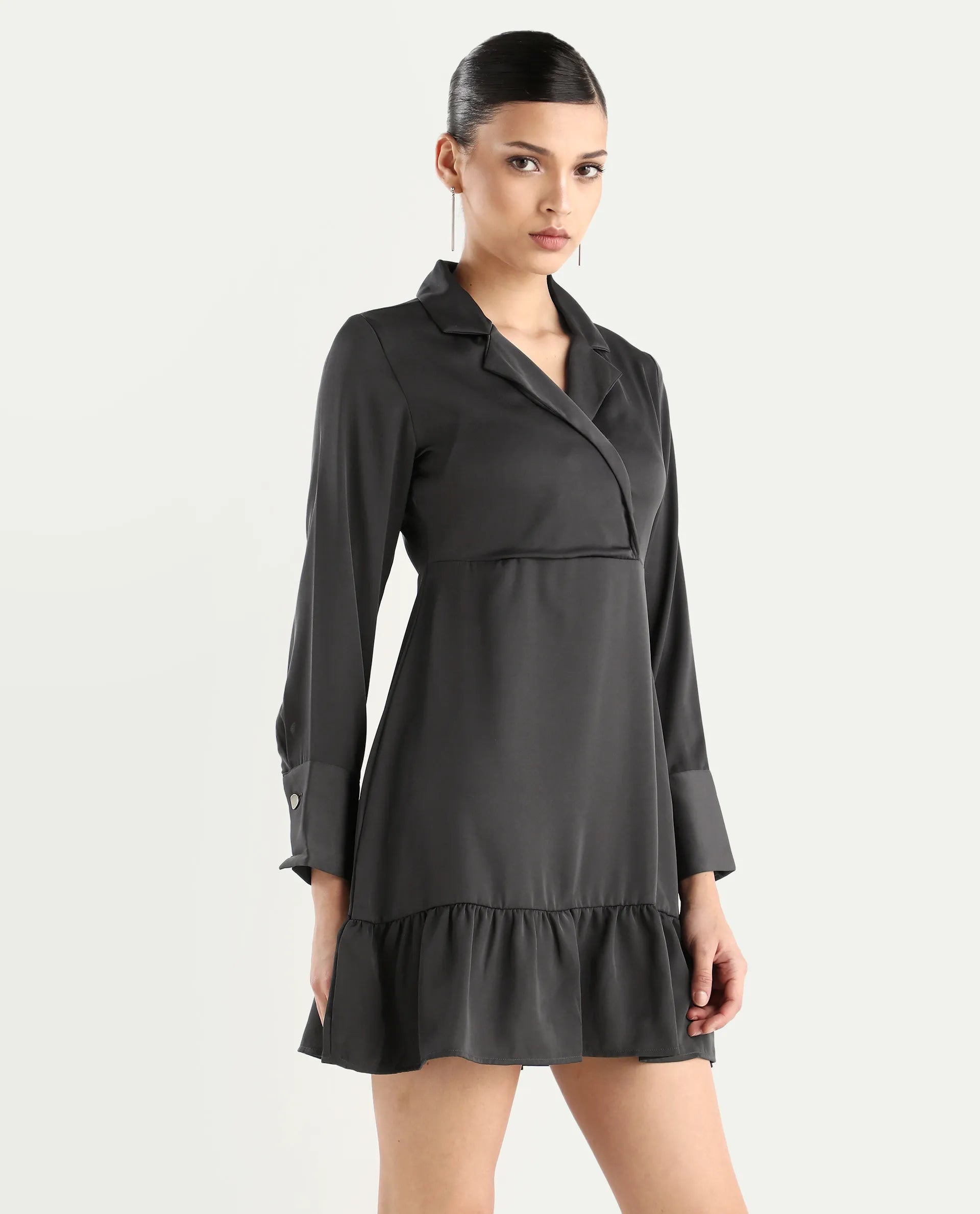 Rareism Women's Michiko Grey Satin Lapel Neck Plain Cuffed Sleeve Mini Fit And Flare Dress
