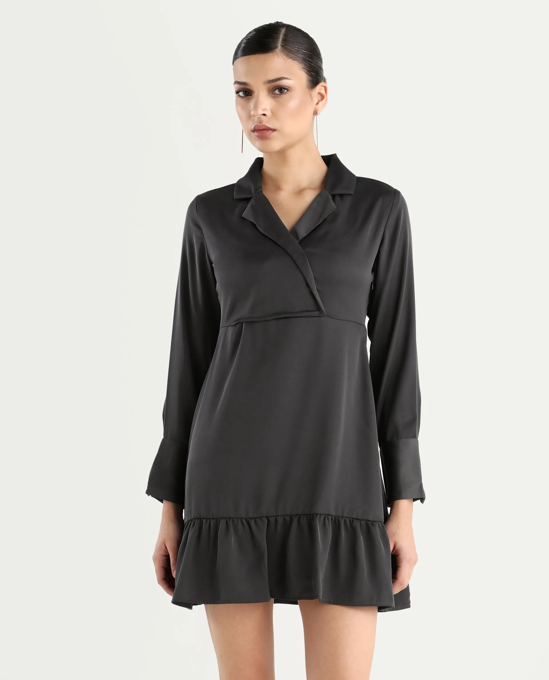 Rareism Women's Michiko Grey Satin Lapel Neck Plain Cuffed Sleeve Mini Fit And Flare Dress