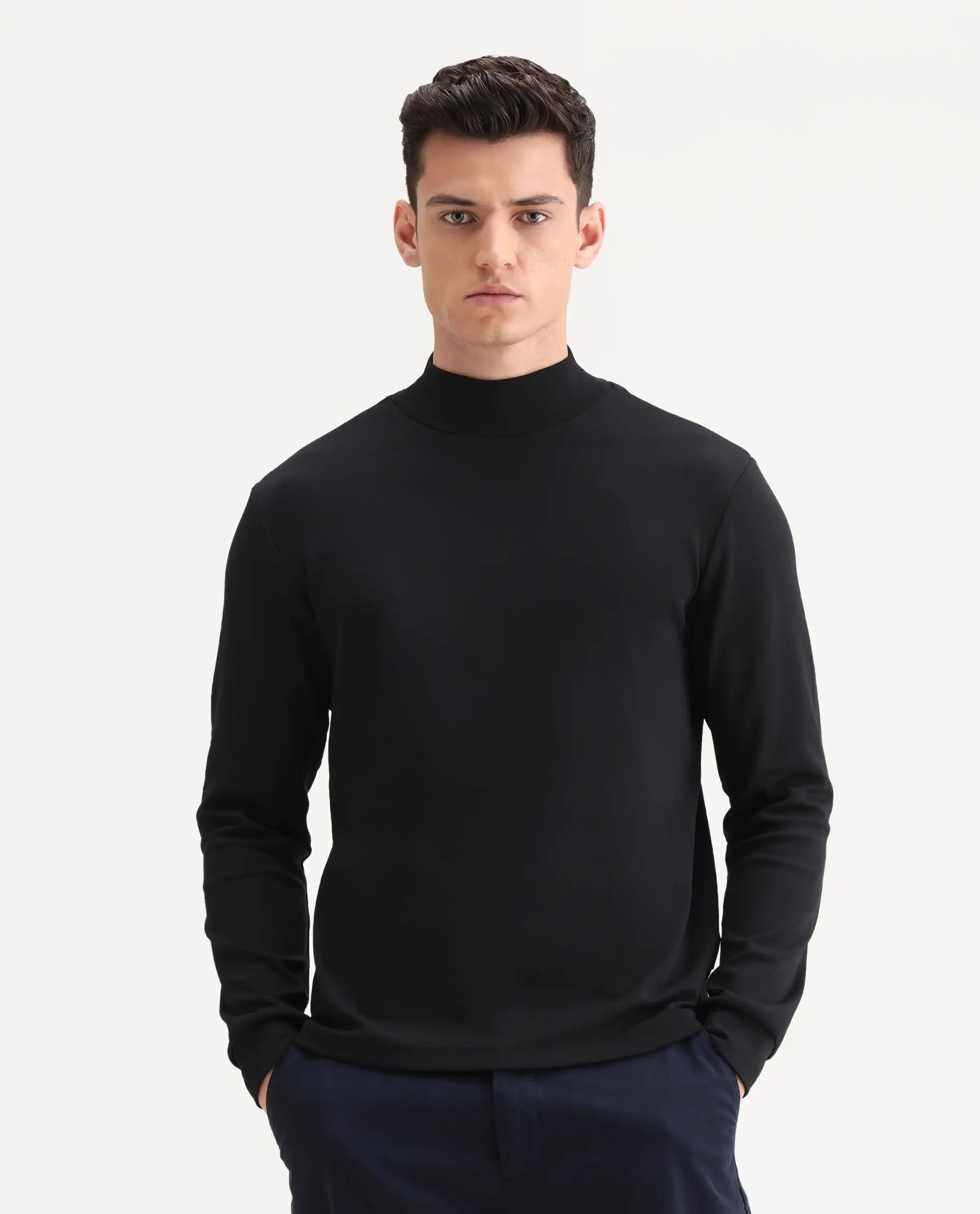Rare Rabbit Men's Mick Black Cotton Blend Plain Regular Fit Full Sleeve Crew Neck T-Shirt