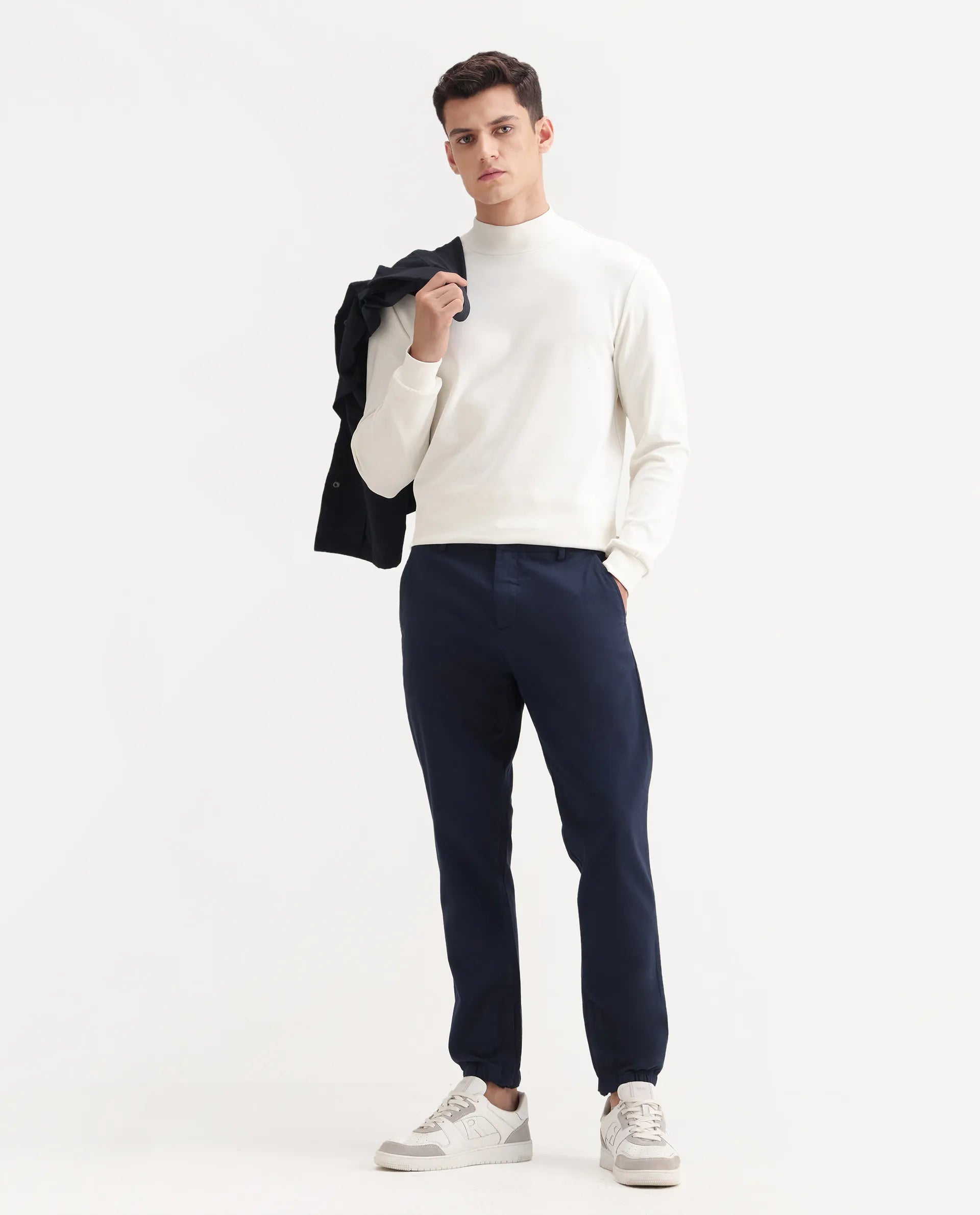 Rare Rabbit Men's Mick Off White Cotton Blend Plain Regular Fit Full Sleeve High Neck T-Shirt