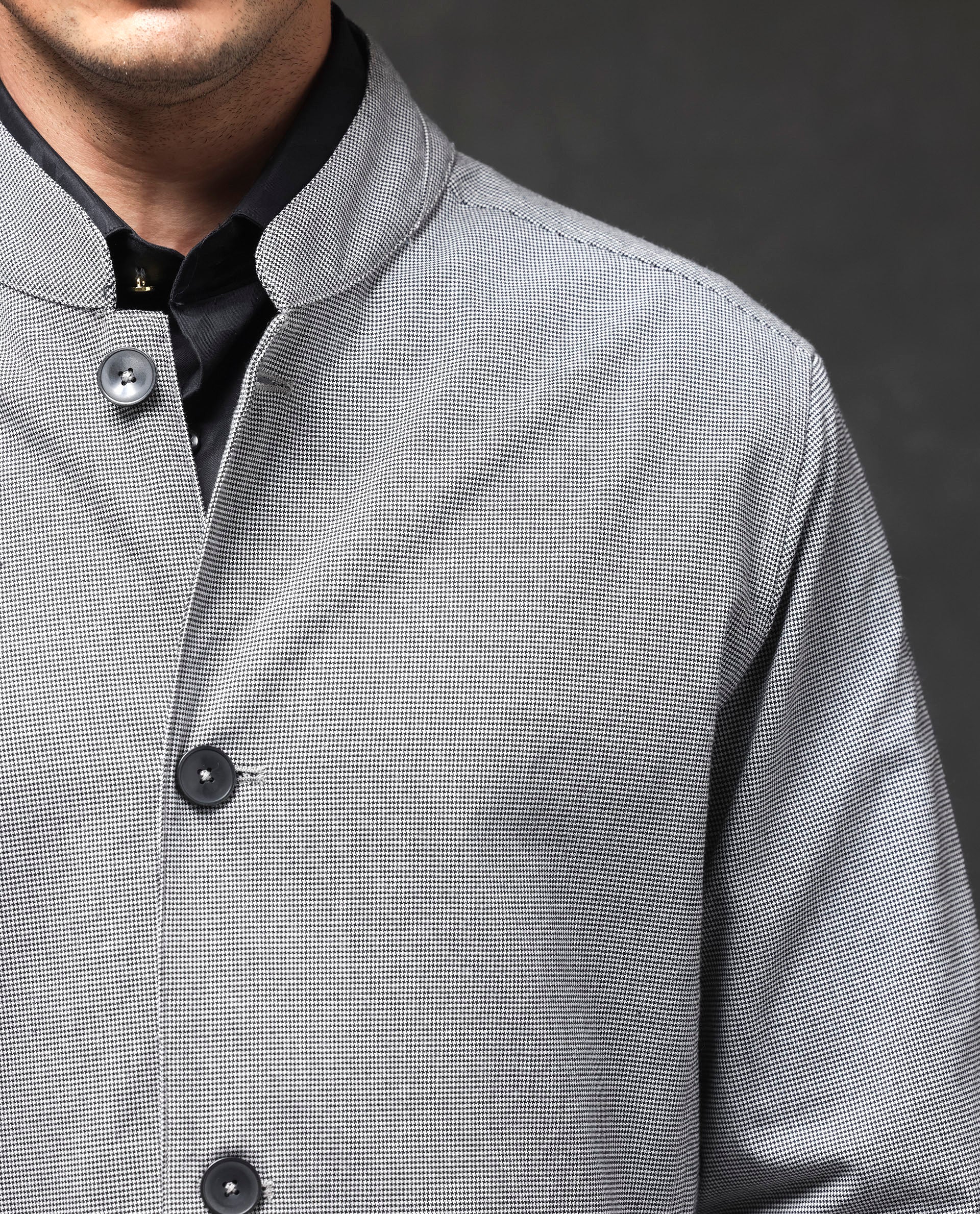 Rare Rabbit Mens Mico Black Polyester Viscose Fabric Blend Full Sleeve Mandarin Collar Regular Fit Micro Checks Jacket