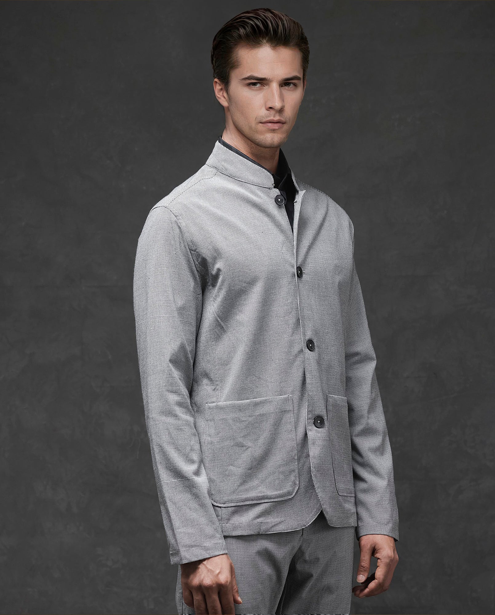 Rare Rabbit Mens Mico Black Polyester Viscose Fabric Blend Full Sleeve Mandarin Collar Regular Fit Micro Checks Jacket