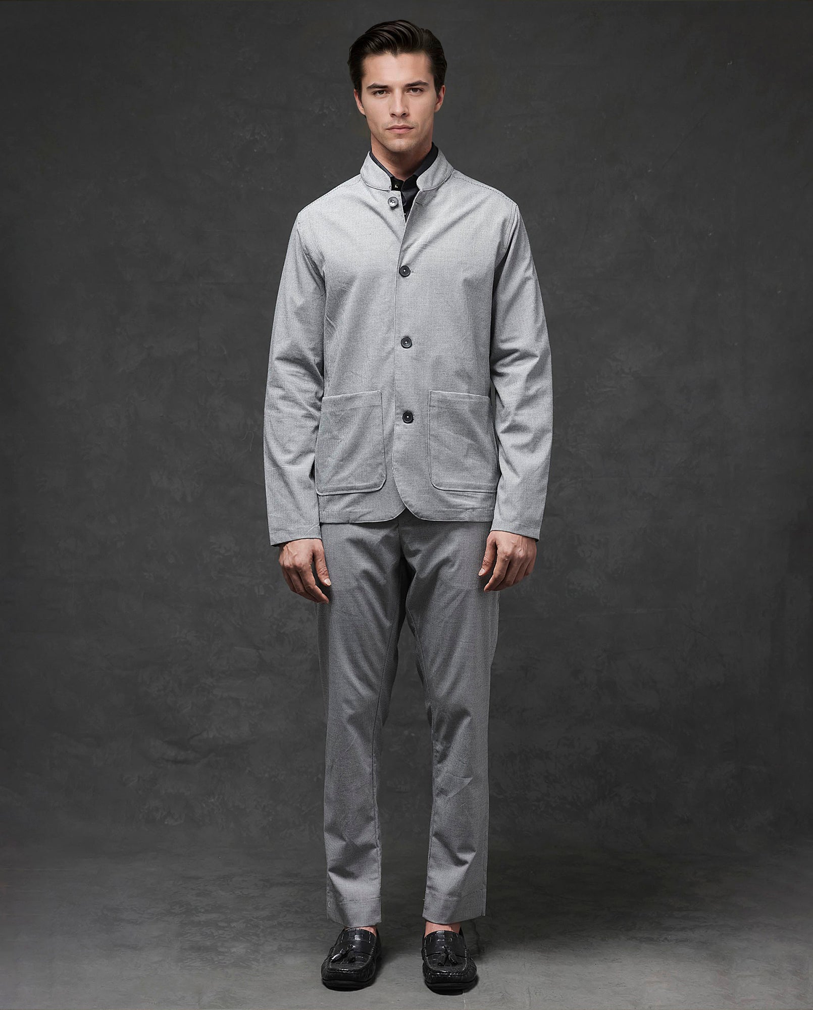 Rare Rabbit Mens Mico Black Polyester Viscose Fabric Blend Full Sleeve Mandarin Collar Regular Fit Micro Checks Jacket