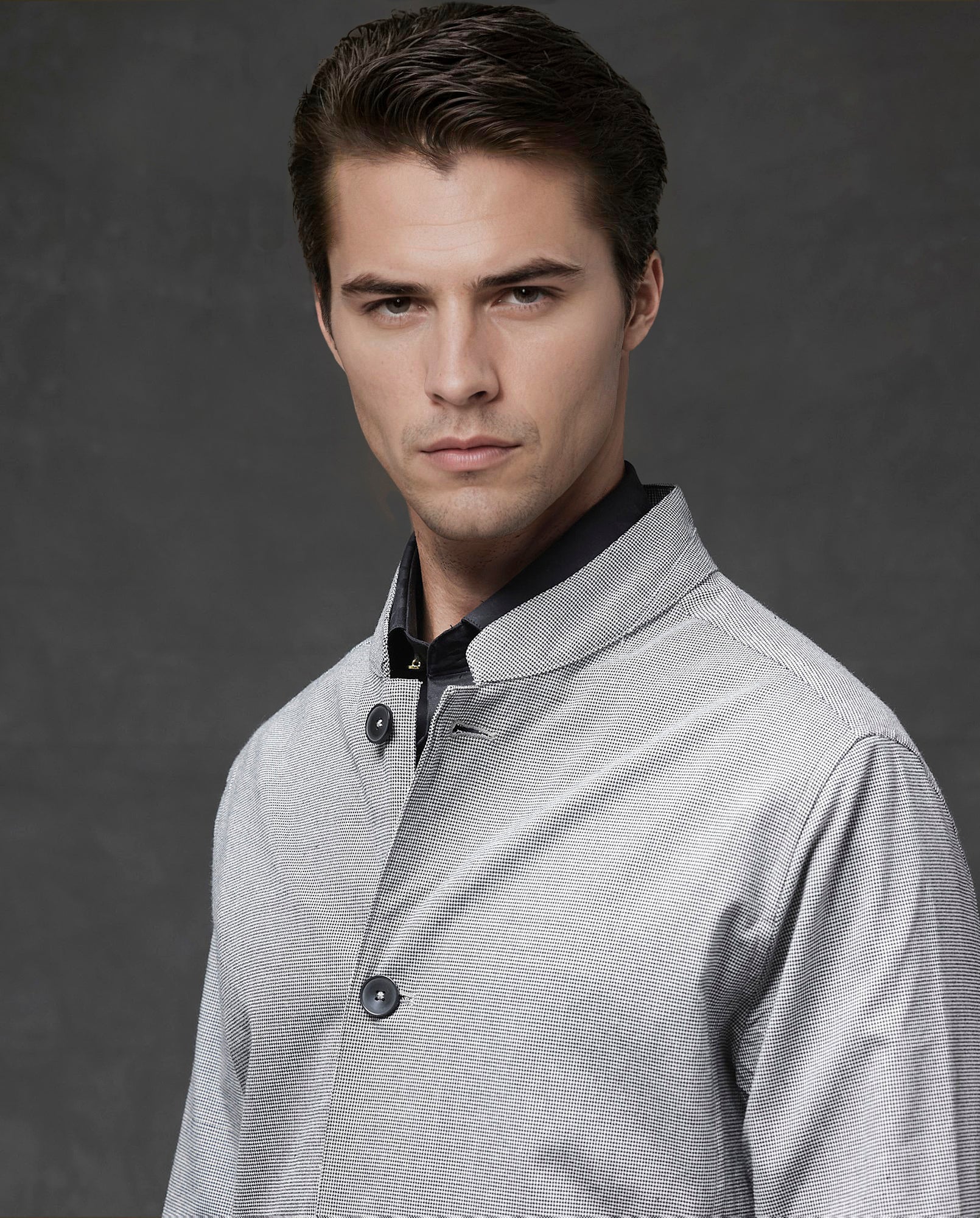 Rare Rabbit Mens Mico Black Polyester Viscose Fabric Blend Full Sleeve Mandarin Collar Regular Fit Micro Checks Jacket