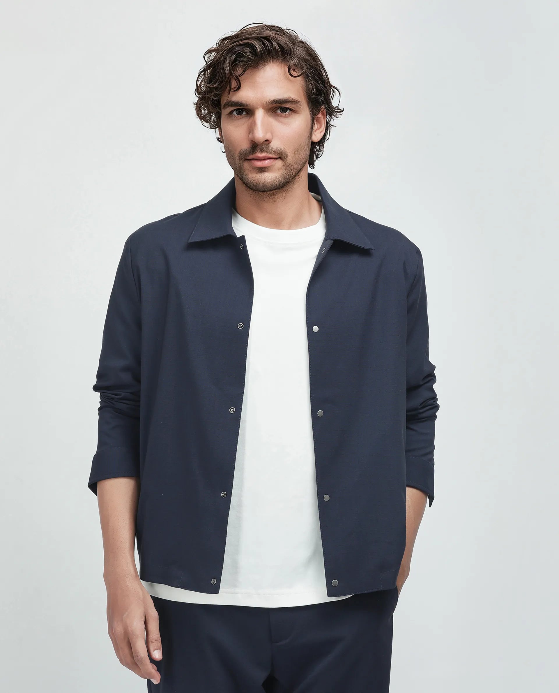 Rare Rabbit Men Micraso Navy Polyester Viscose Fabric Full Sleeves Mandarin Collar Button Closure Checked Shaket