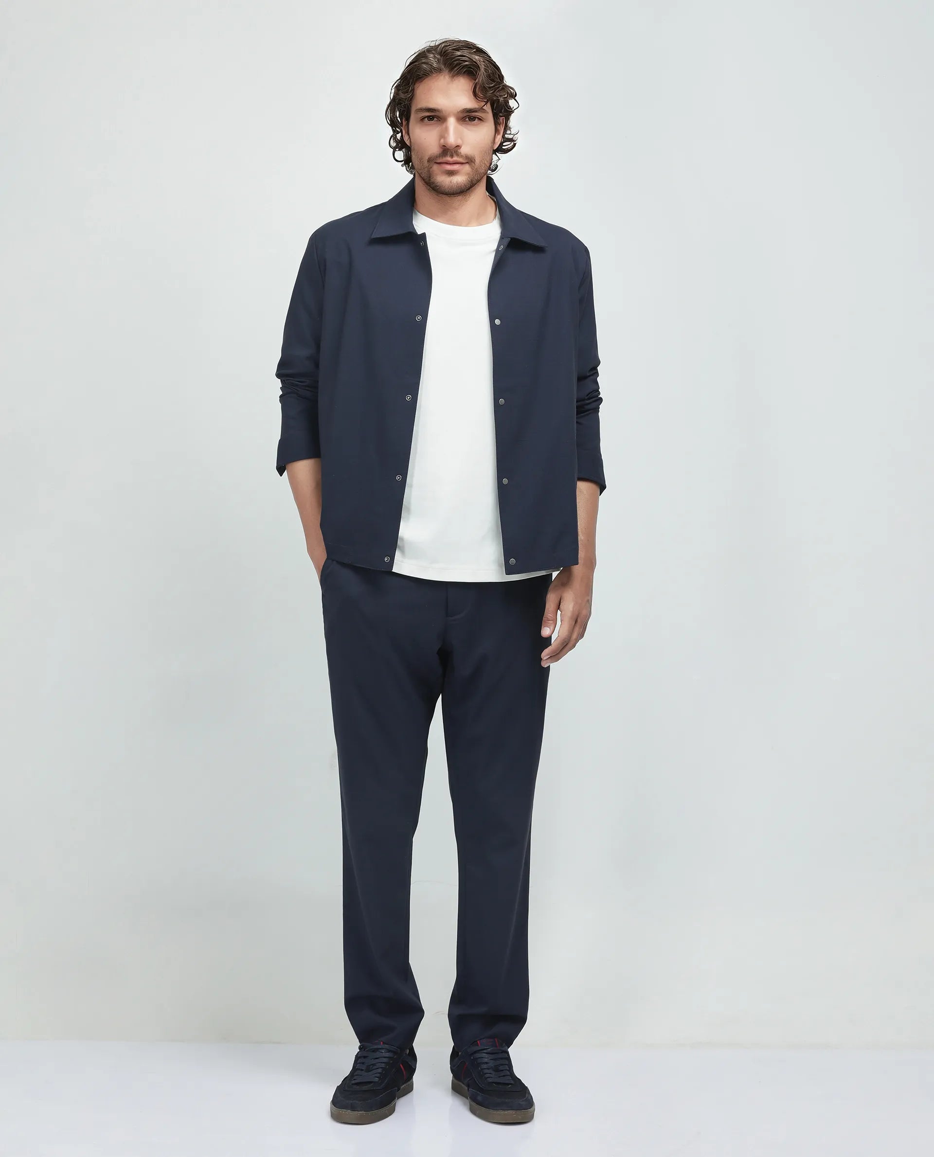 Rare Rabbit Men Micraso Navy Polyester Viscose Fabric Full Sleeves Mandarin Collar Button Closure Checked Shaket