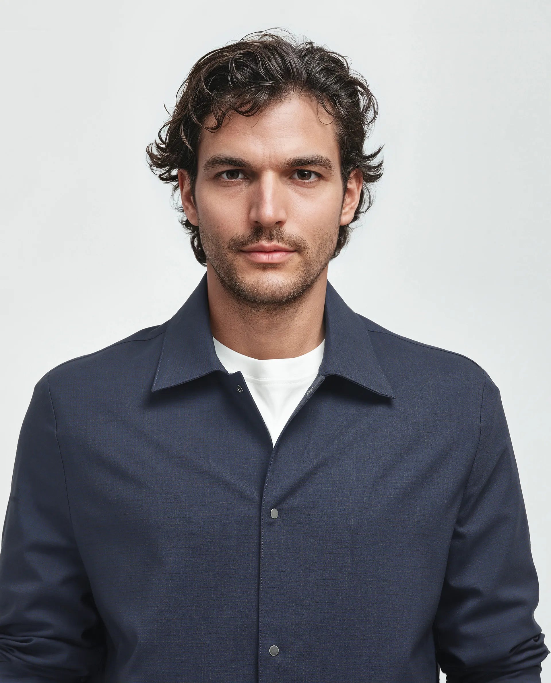 Rare Rabbit Men Micraso Navy Polyester Viscose Fabric Full Sleeves Mandarin Collar Button Closure Checked Shaket