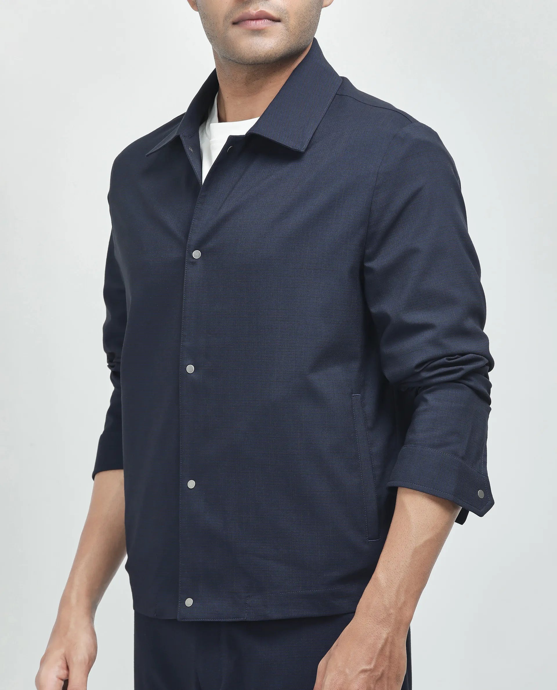 Rare Rabbit Men Micraso Navy Polyester Viscose Fabric Full Sleeves Mandarin Collar Button Closure Checked Shaket