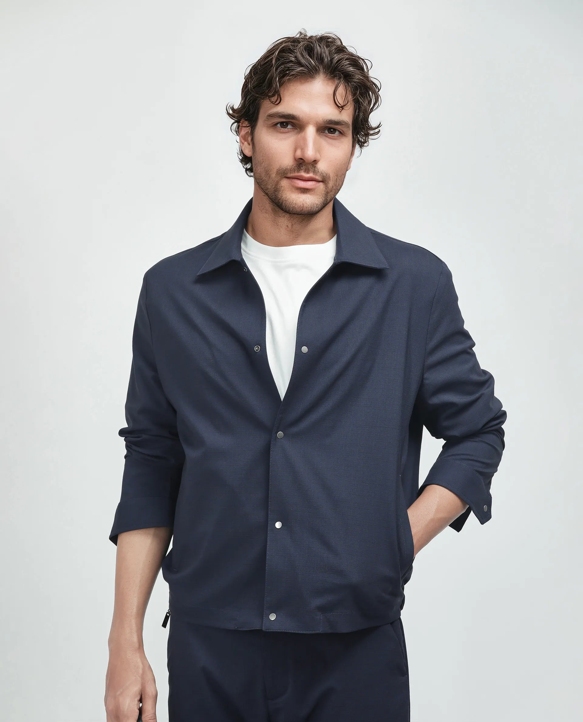 Rare Rabbit Men Micraso Navy Polyester Viscose Fabric Full Sleeves Mandarin Collar Button Closure Checked Shaket