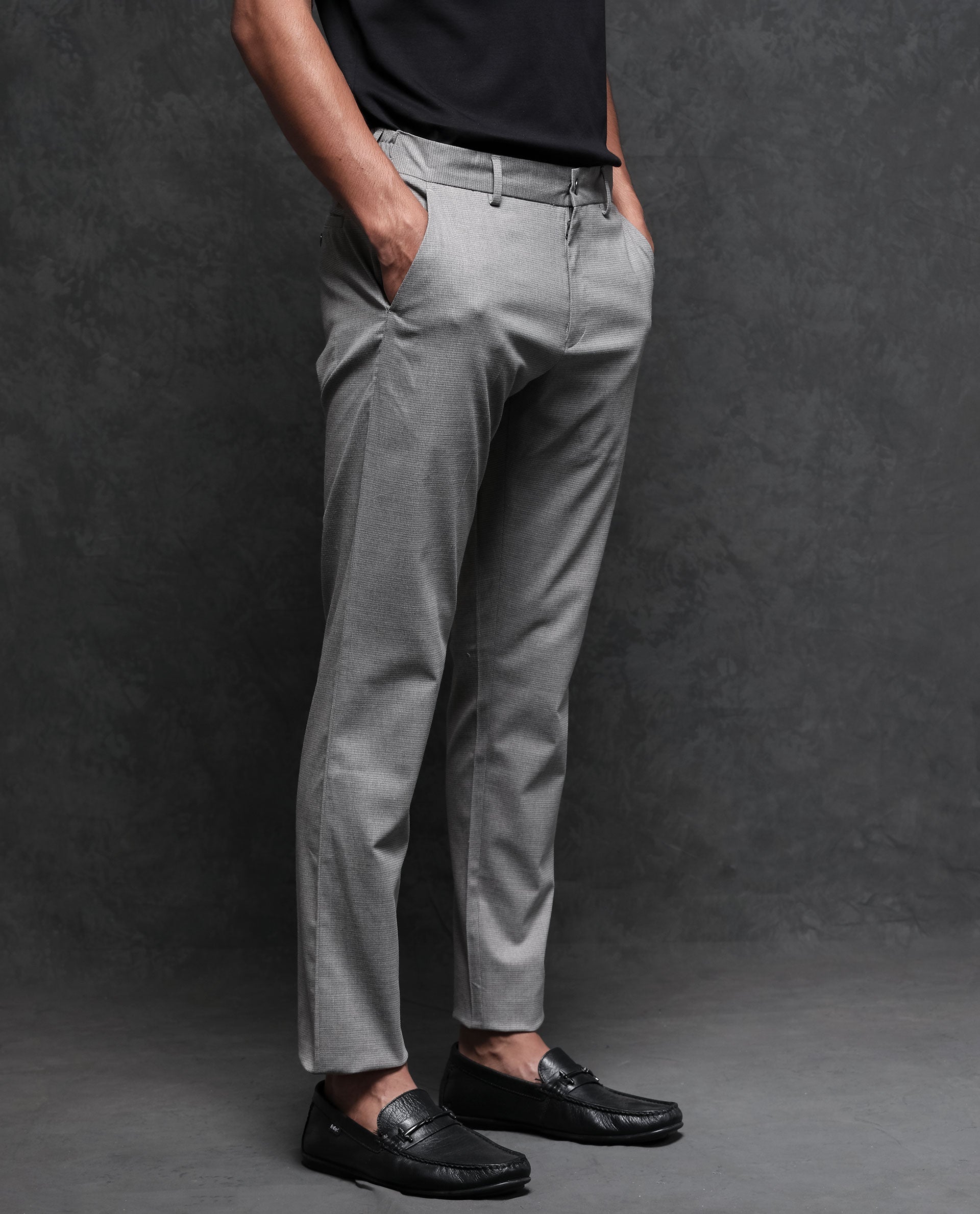 Rare Rabbit Men's Micra Grey Polyester Fabric Button & Zip Closure Regular Fit Trouser